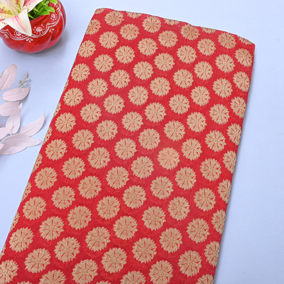 Cherry Red Gold Sunburst Self Weave  Banarasi Silk Fabric