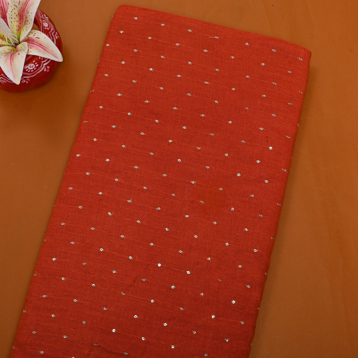 Faded Red Sequin Embroidery Linen Fabric