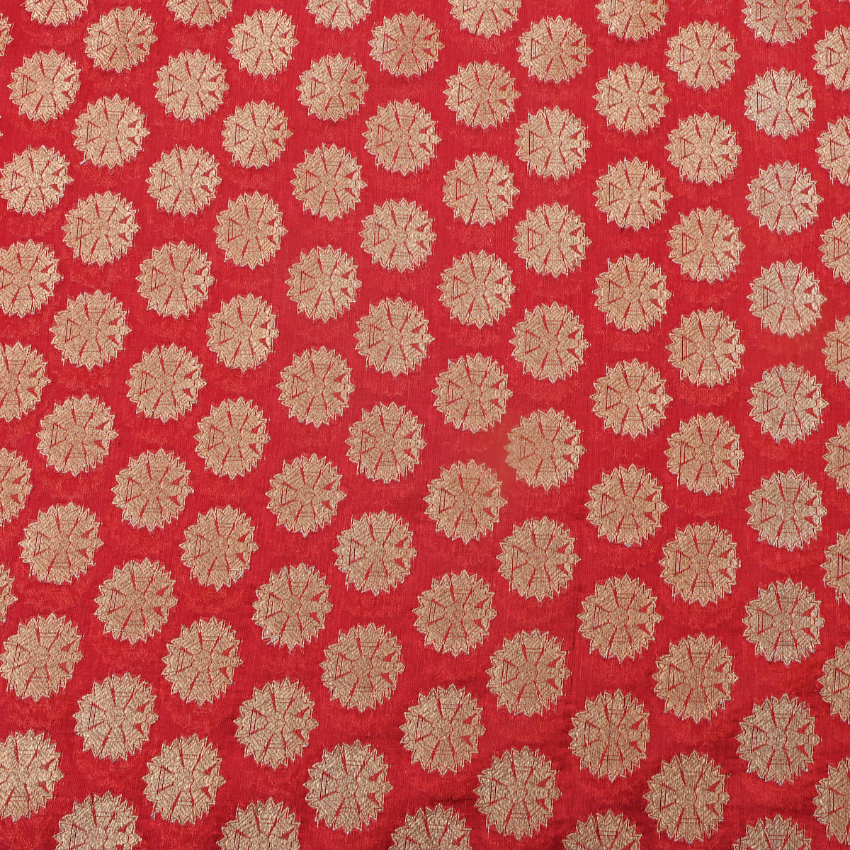 Cherry Red Gold Sunburst Self Weave  Banarasi Silk Fabric