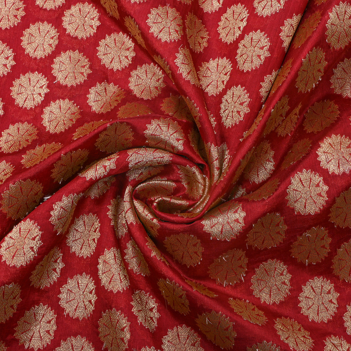 Cherry Red Gold Sunburst Self Weave  Banarasi Silk Fabric