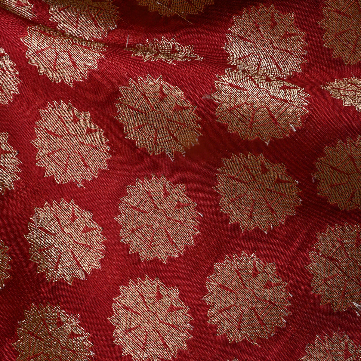 Cherry Red Gold Sunburst Self Weave  Banarasi Silk Fabric