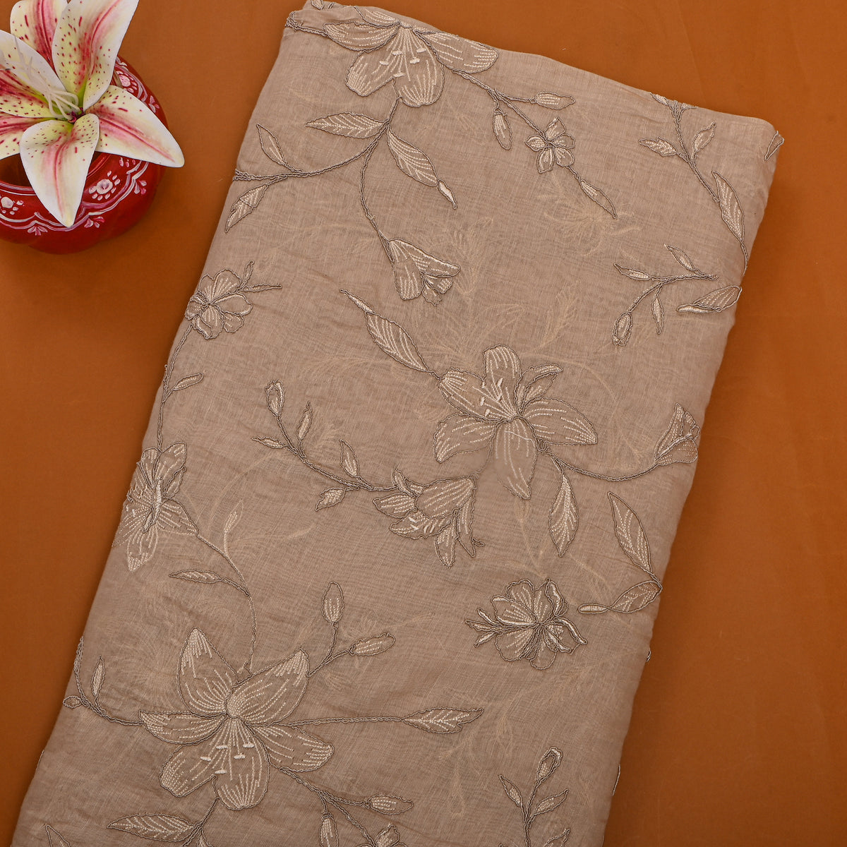 Soft Beige Thread Work Jaal Chanderi Fabric