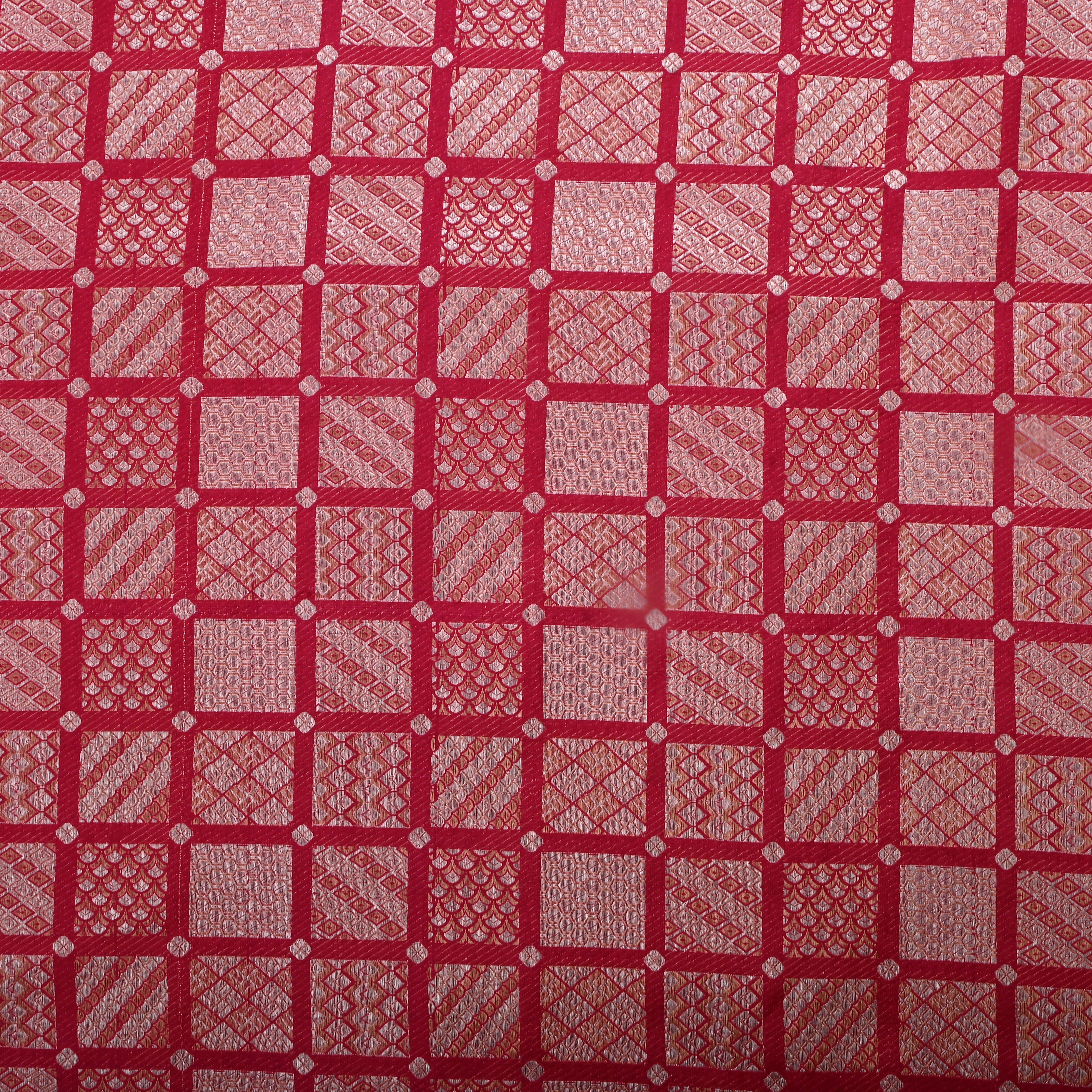 Dark Hot Pink Jamawar Silk Fabric With Geometric Patterns