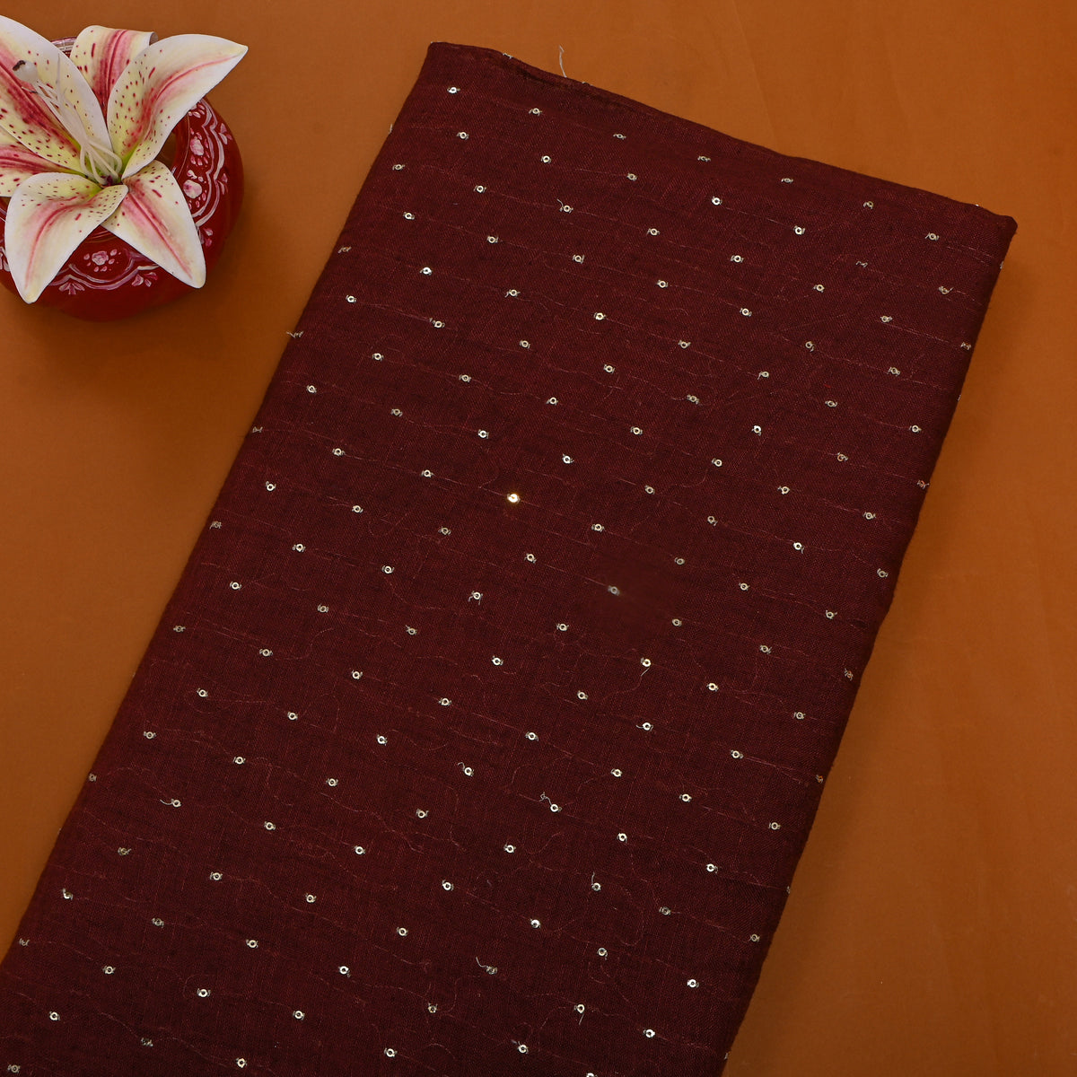 Dark Maroon Sequin Embroidery Linen Fabric