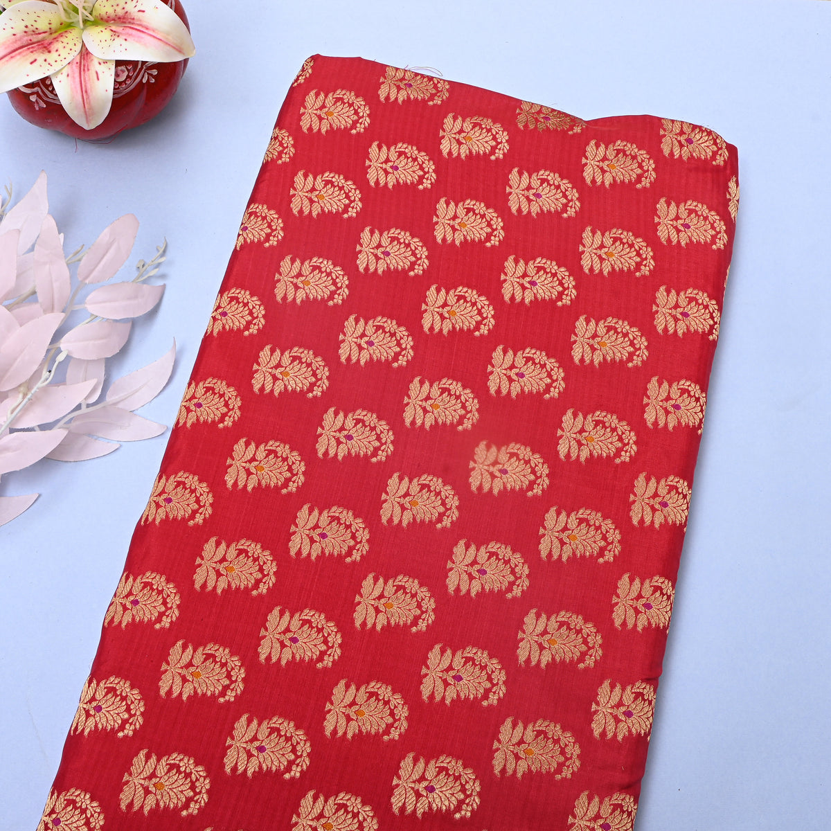 Crimson Gold Zari Paisley Butta Jamawar Silk Fabric