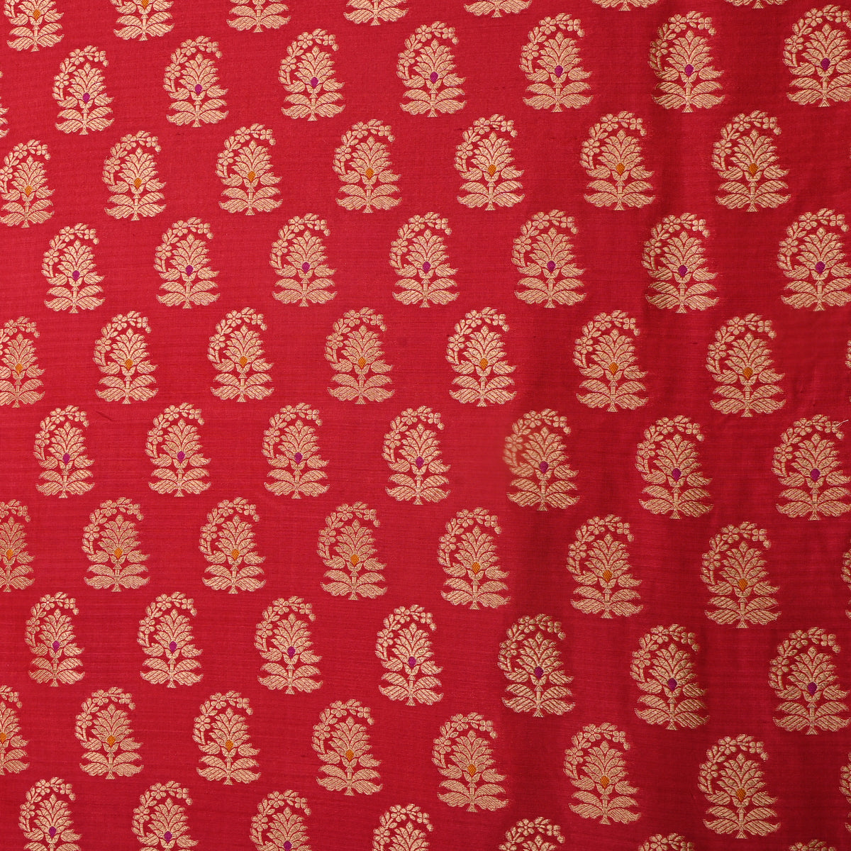 Crimson Gold Zari Paisley Butta Jamawar Silk Fabric