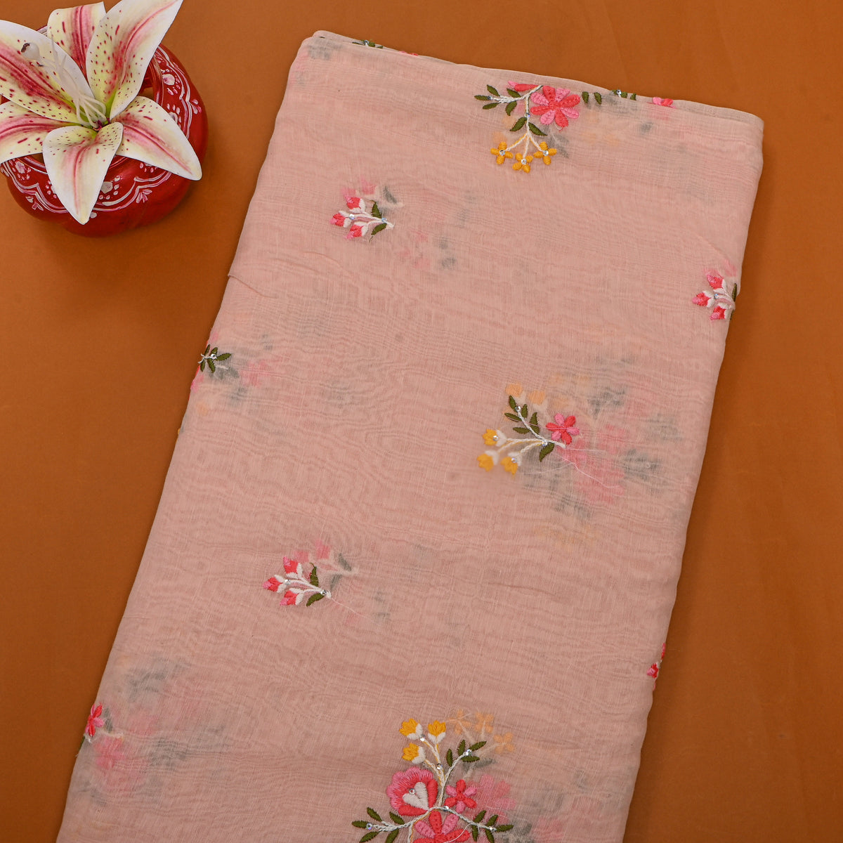 Pastel Peach Chanderi With Floral Butti