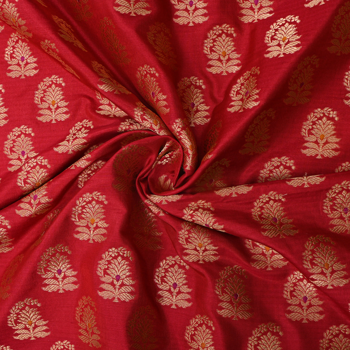 Crimson Gold Zari Paisley Butta Jamawar Silk Fabric
