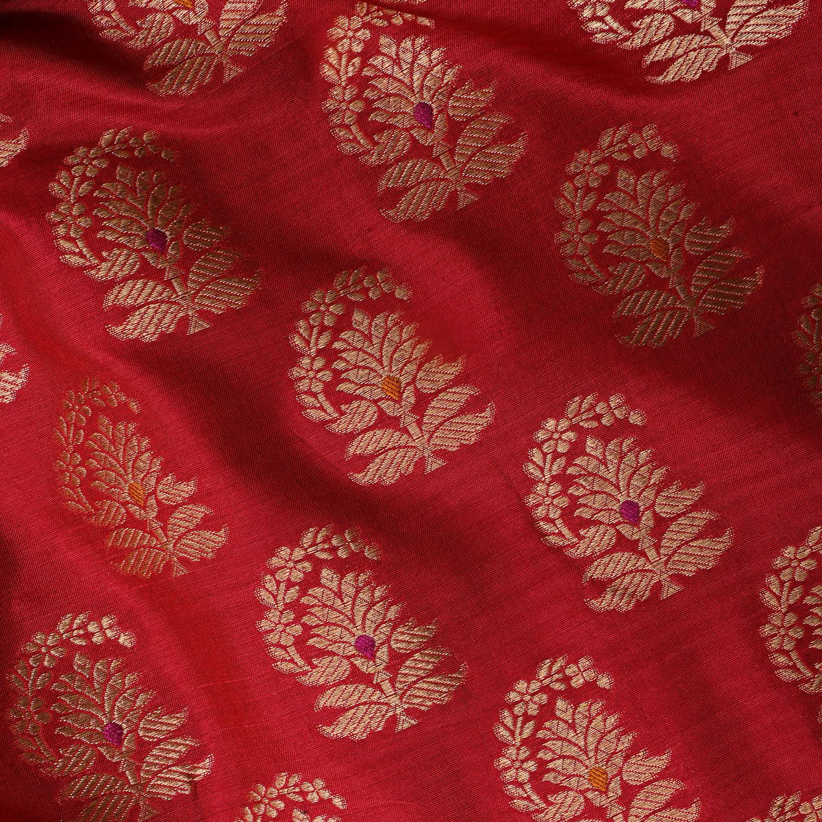 Crimson Gold Zari Paisley Butta Jamawar Silk Fabric