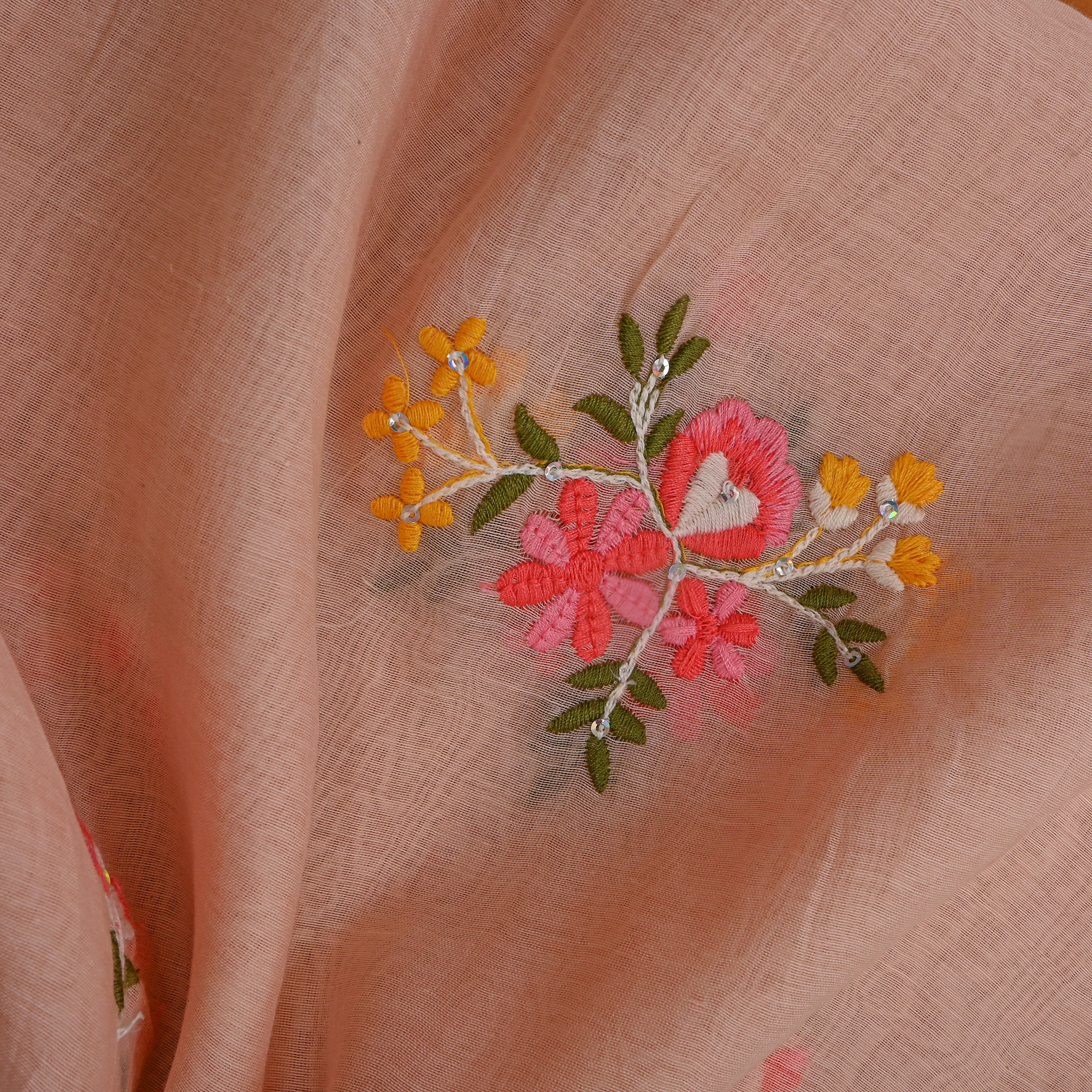 Pastel Peach Chanderi With Floral Butti