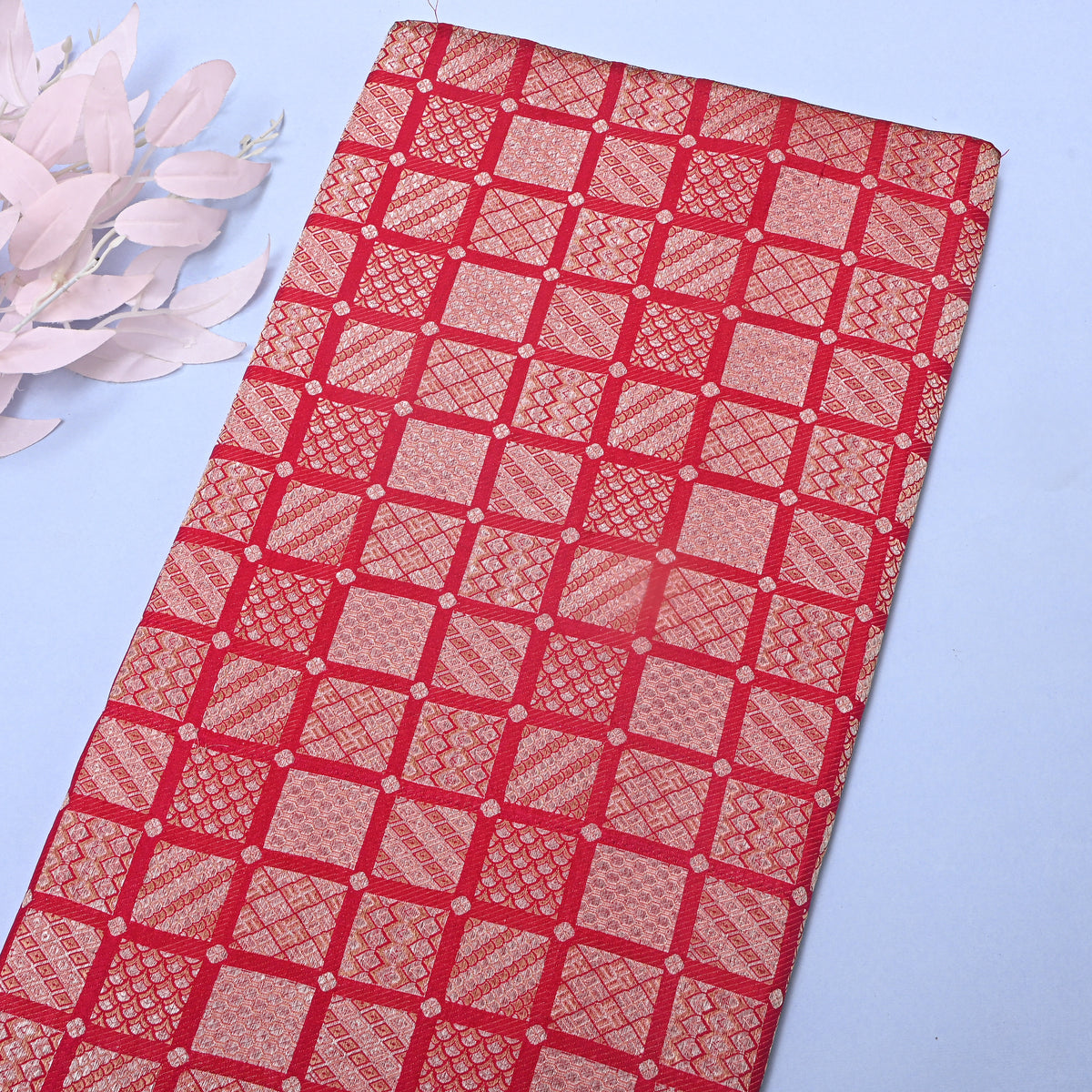 Scarlet Red Gold Zari Geometric Check Jamawar Silk Fabric