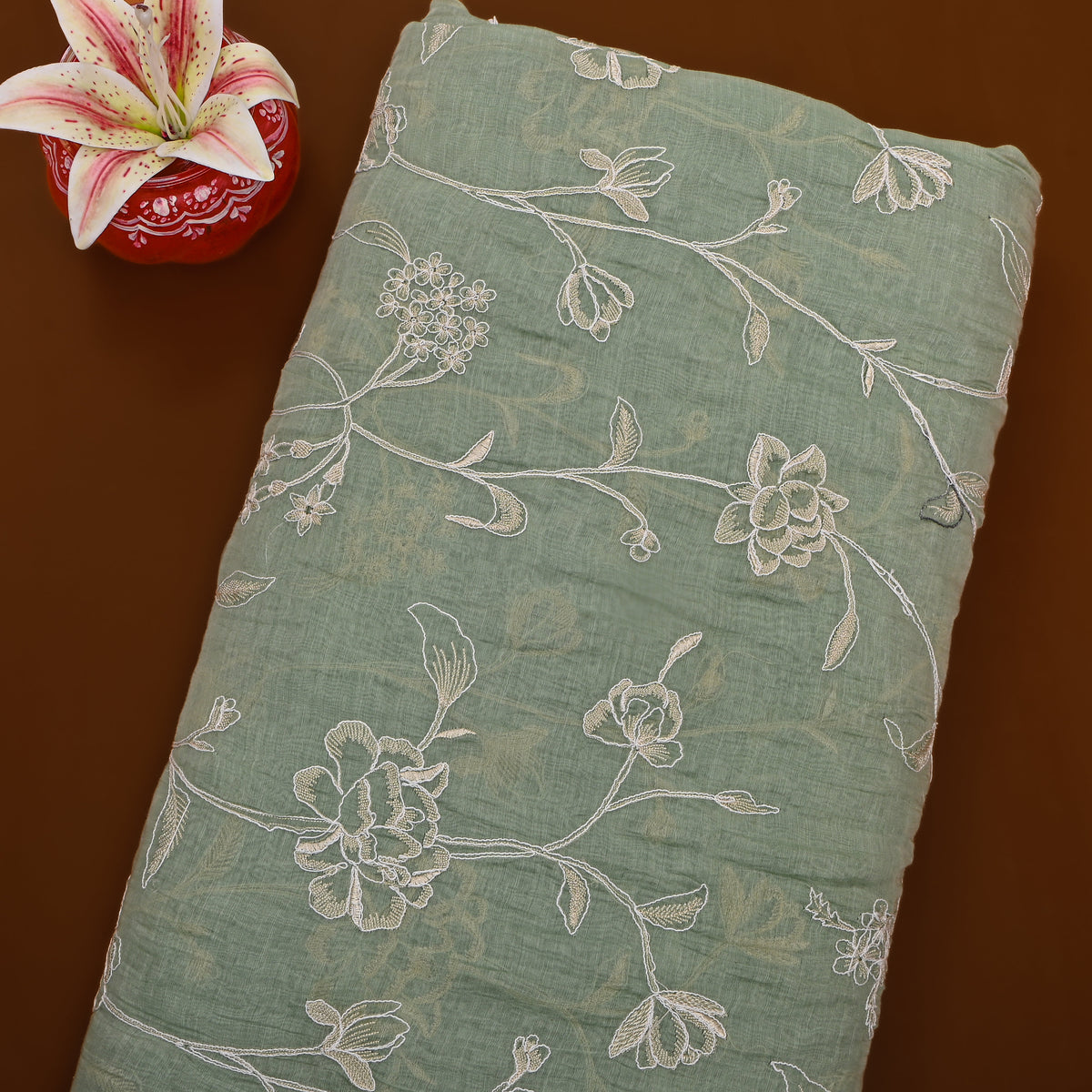 Pastel Green Thread Work Floral Jaal Embroidery Chanderi Fabric