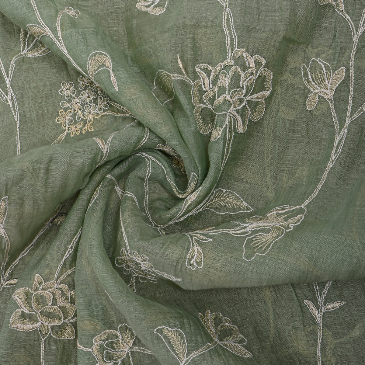Pastel Green Thread Work Floral Jaal Embroidery Chanderi Fabric