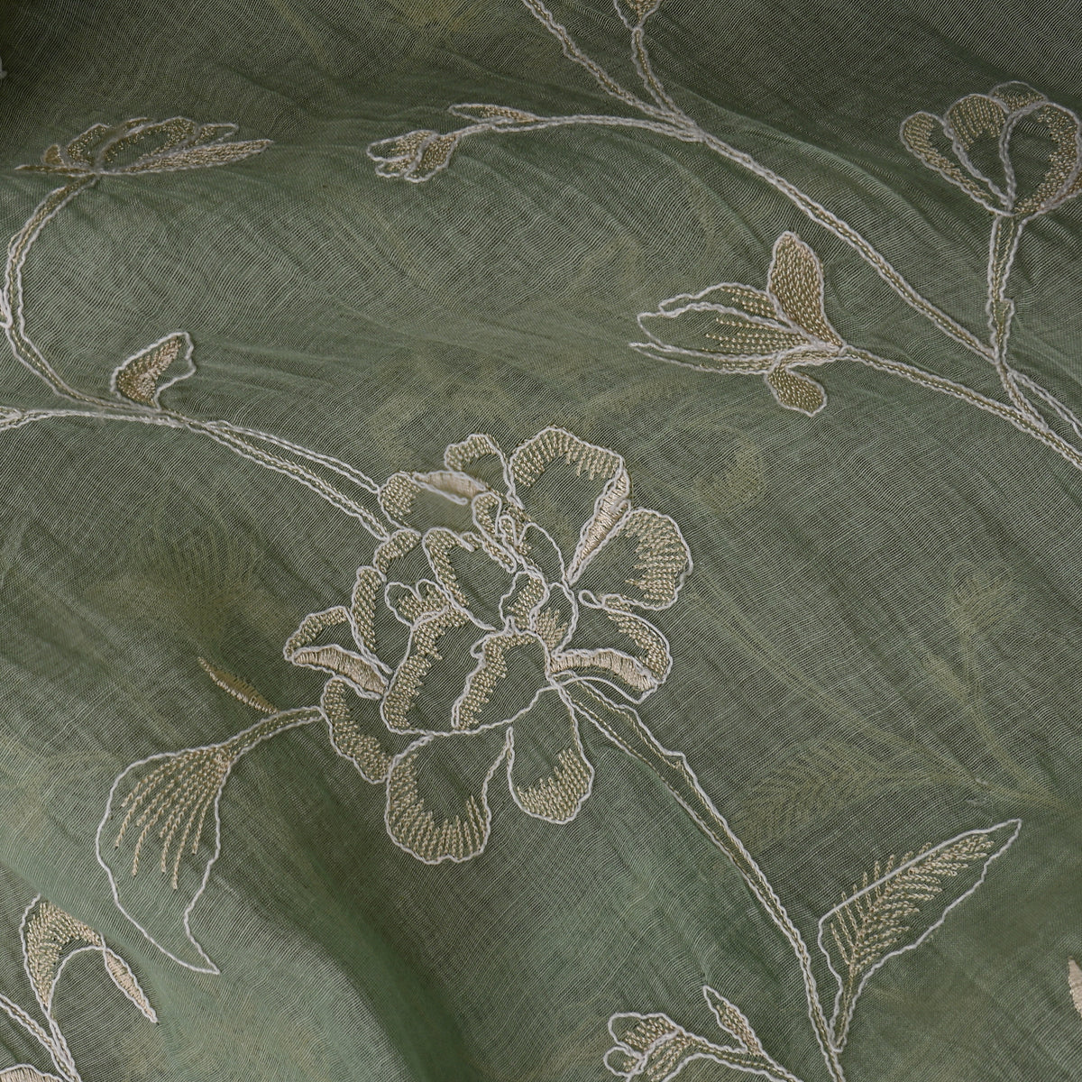 Pastel Green Thread Work Floral Jaal Embroidery Chanderi Fabric