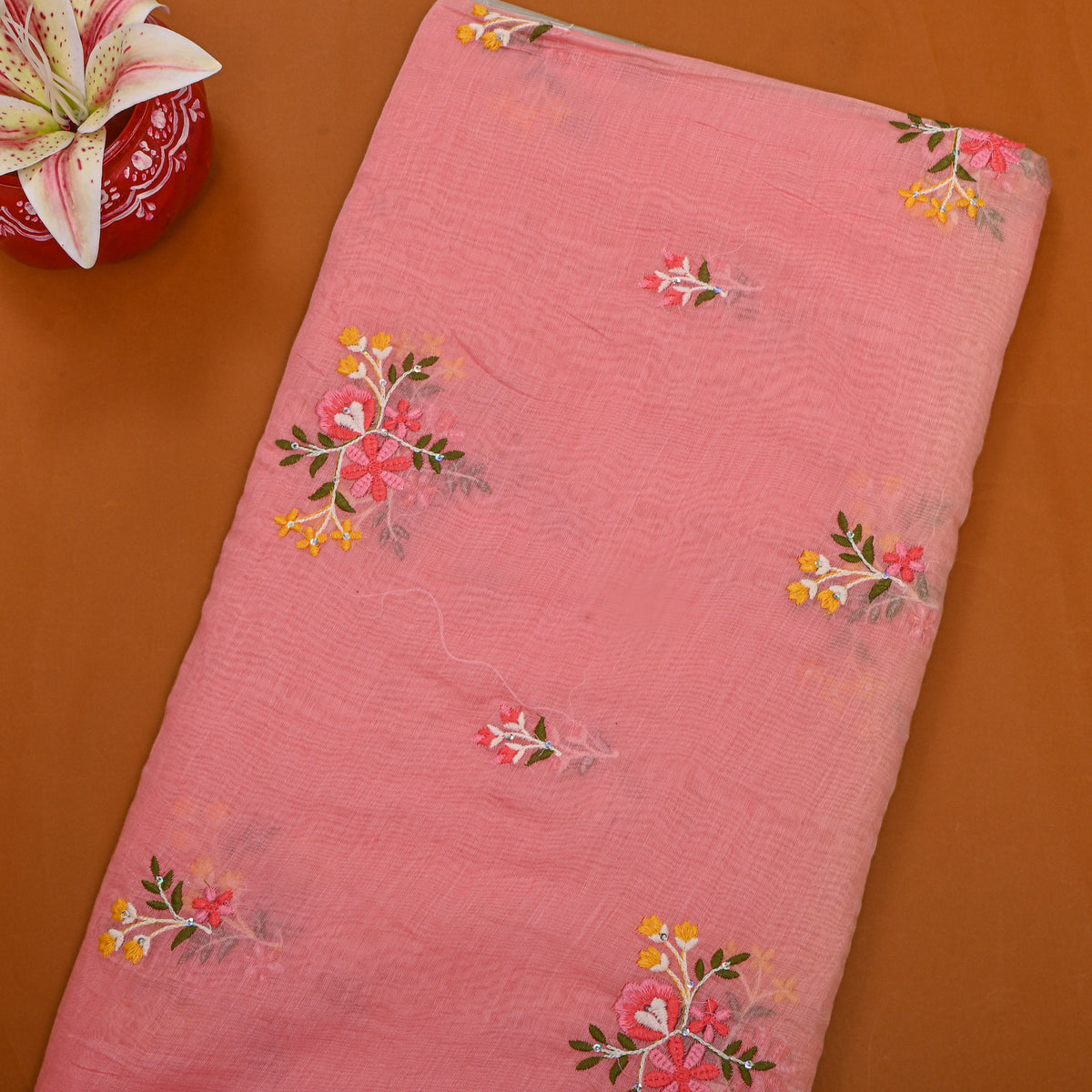 Soft Pink Flotral Butti Chanderi Fabric