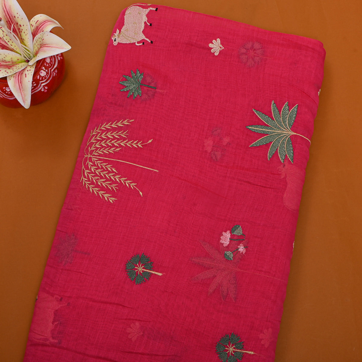 Fuchsia Pink Thread Work Animal Motif Chanderi Fabric