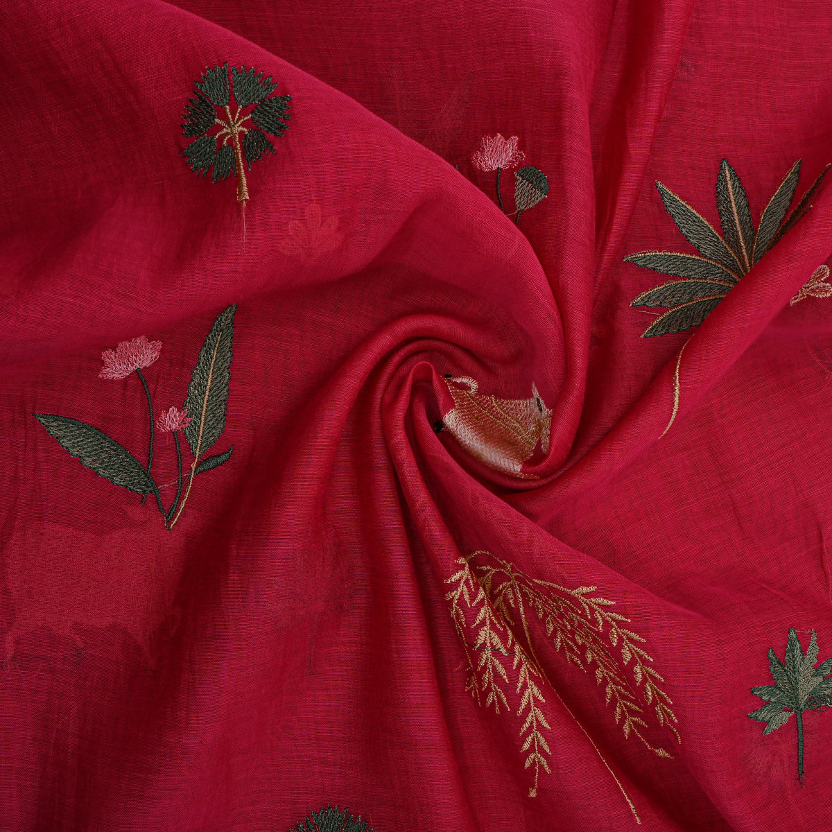 Fuchsia Pink Thread Work Animal Motif Chanderi Fabric