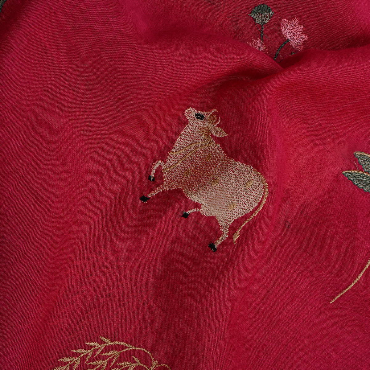 Fuchsia Pink Thread Work Animal Motif Chanderi Fabric