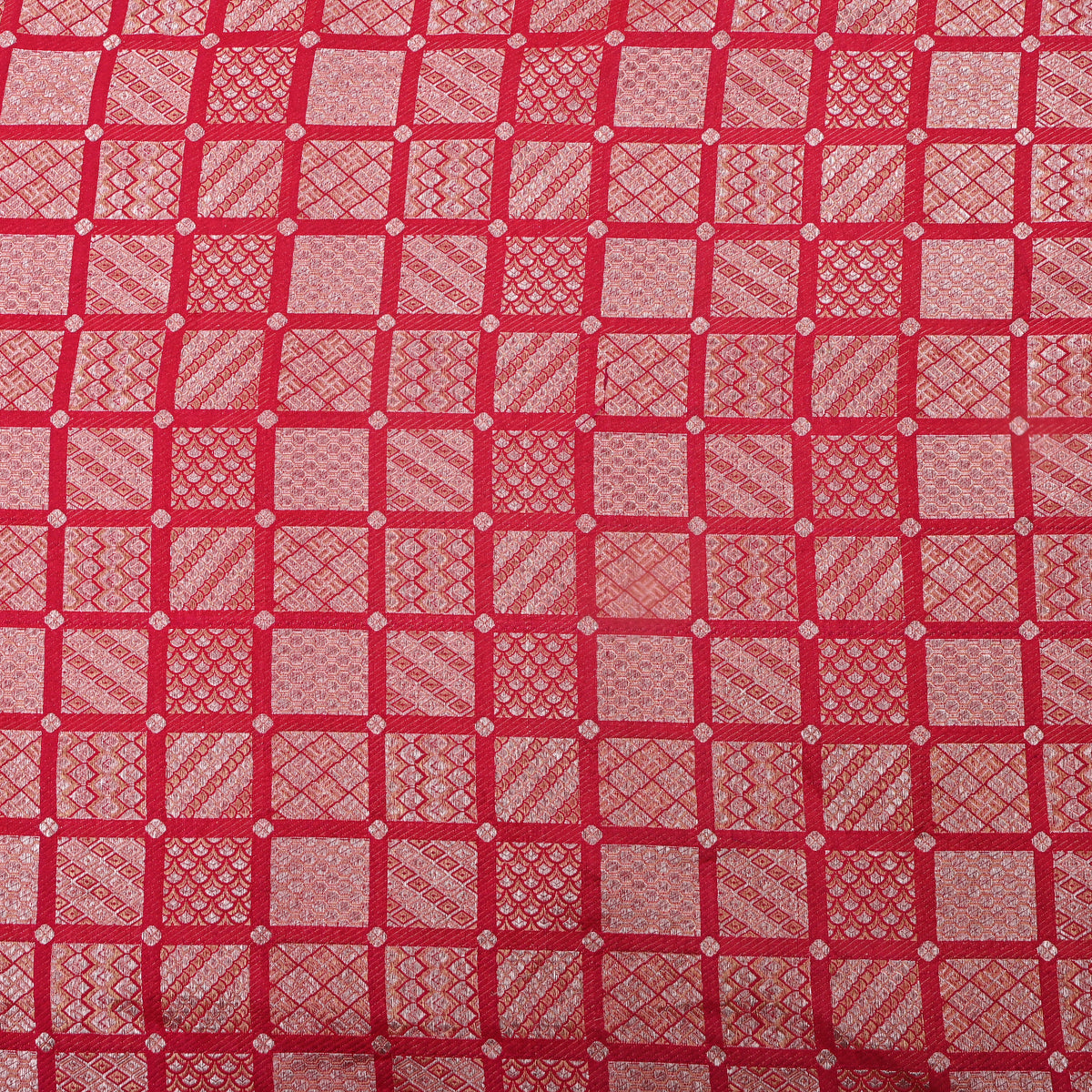 Scarlet Red Gold Zari Geometric Check Jamawar Silk Fabric