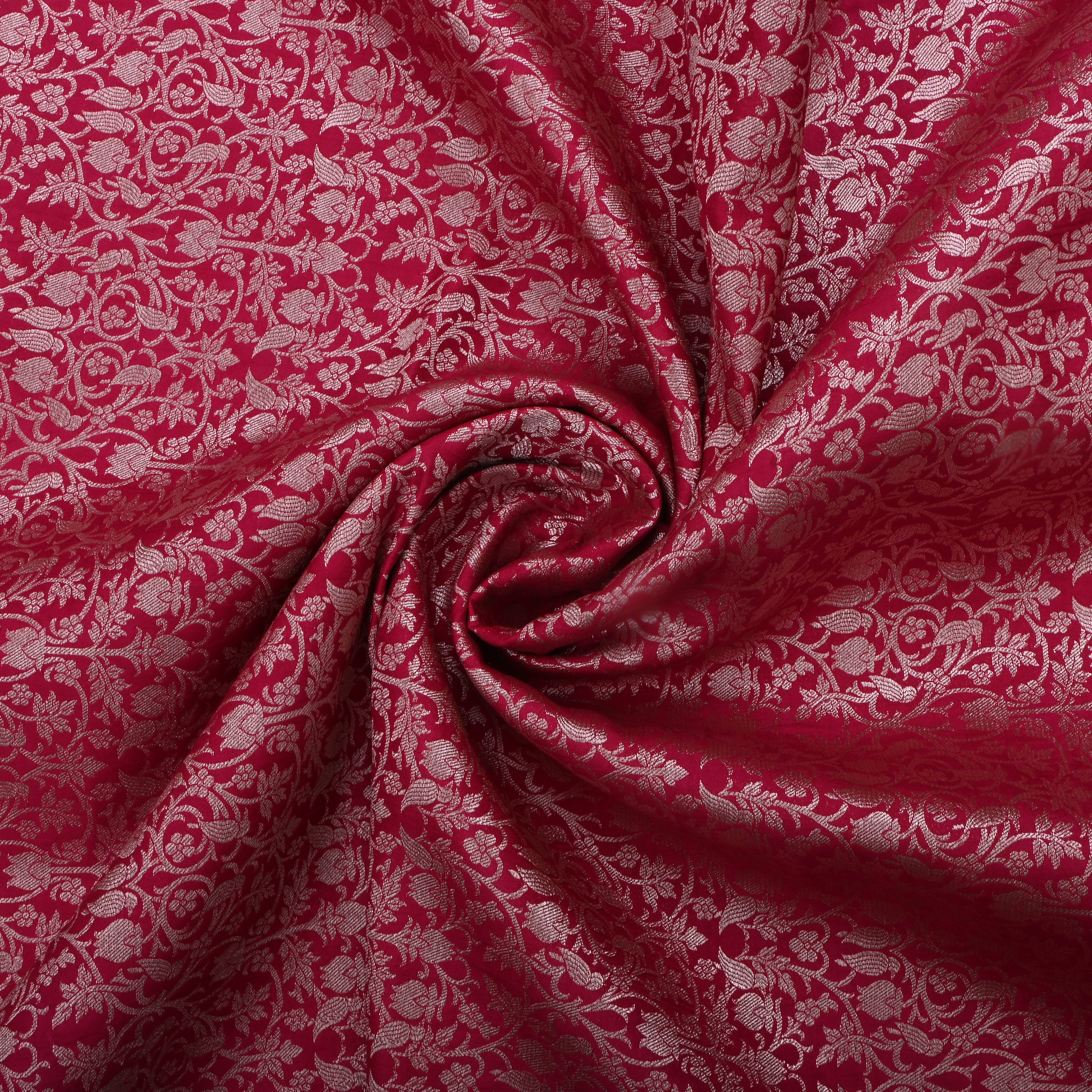 Deep Carmine Pink Jamawar Silk Fabric With Jaal Design