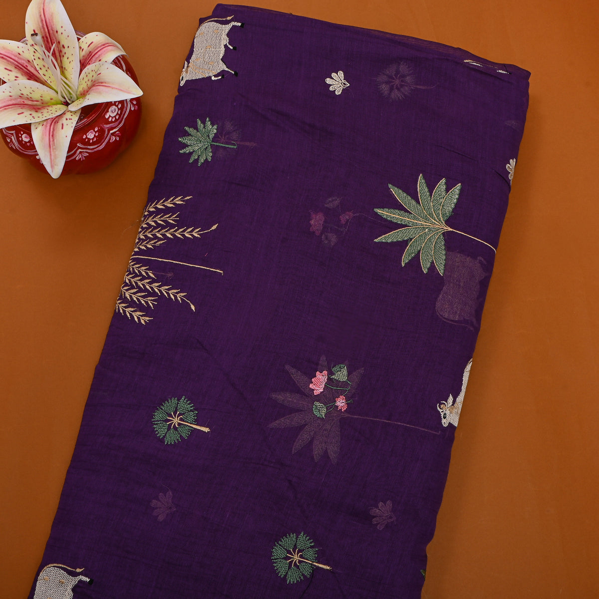 Amethyst Purple Thread Work Animal Motif Chanderi Fabric