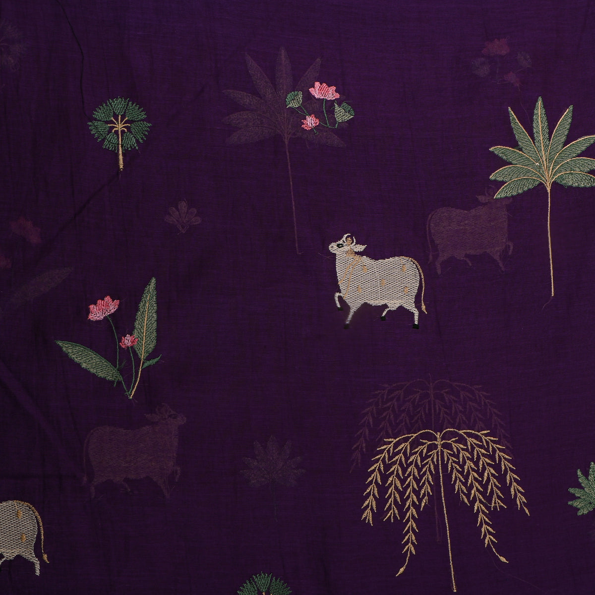 Amethyst Purple Thread Work Animal Motif Chanderi Fabric