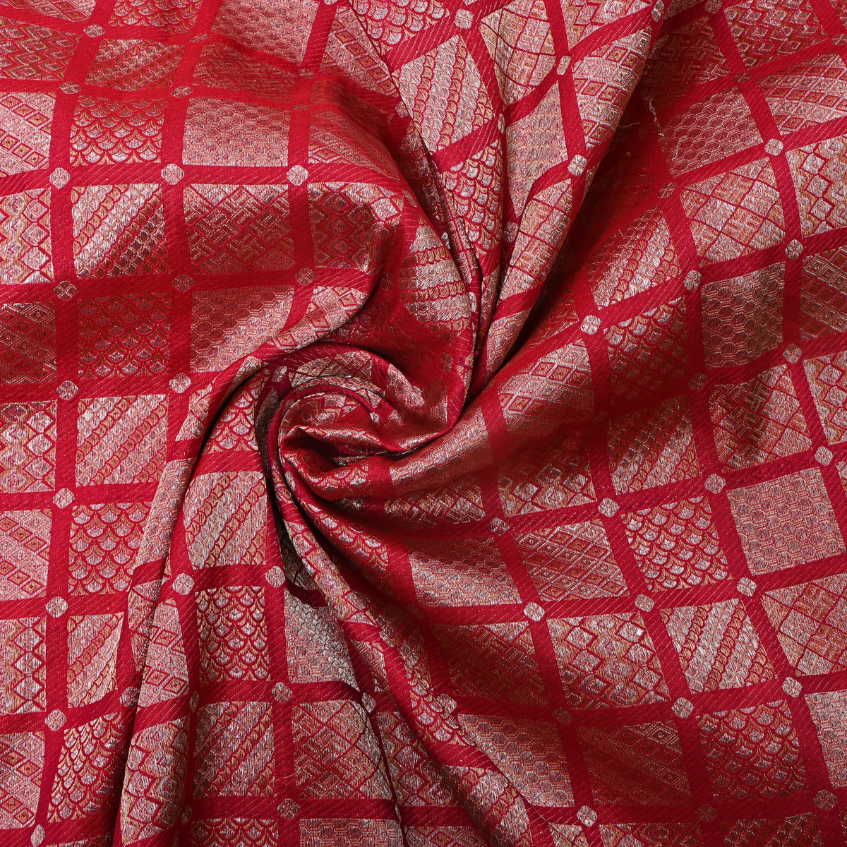 Scarlet Red Gold Zari Geometric Check Jamawar Silk Fabric
