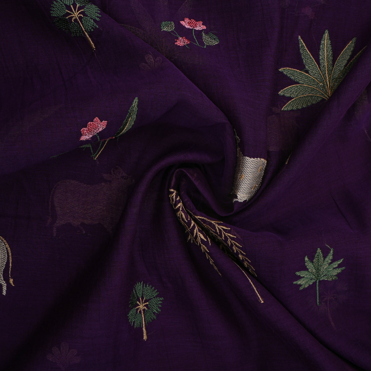 Amethyst Purple Thread Work Animal Motif Chanderi Fabric