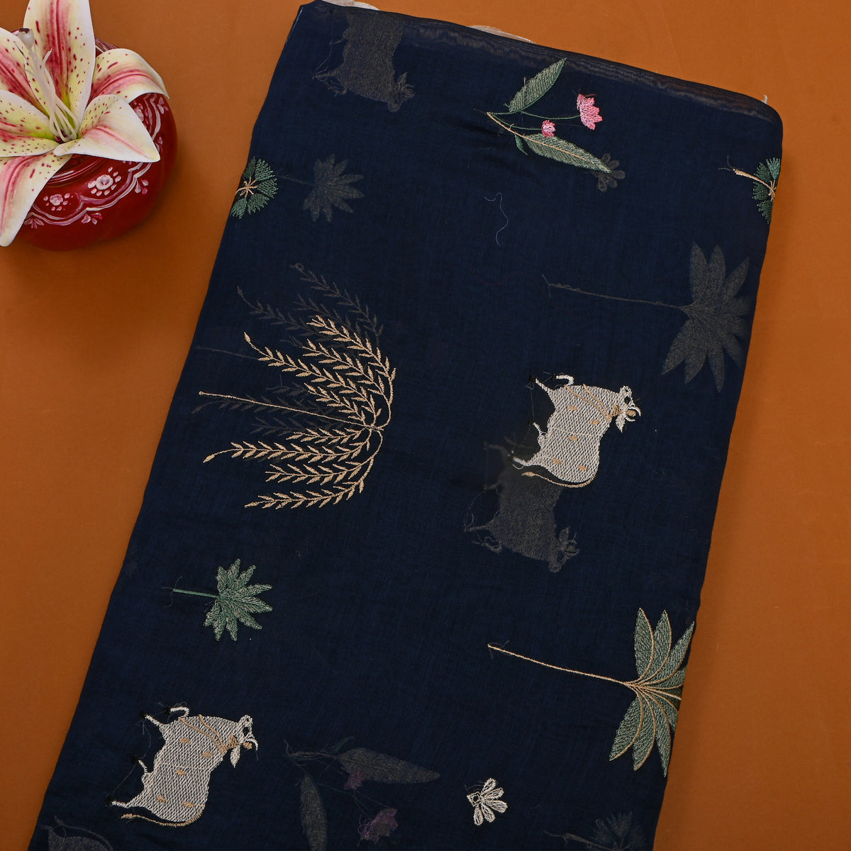 Jet Black Thread Work Animal Motif Chanderi Fabric