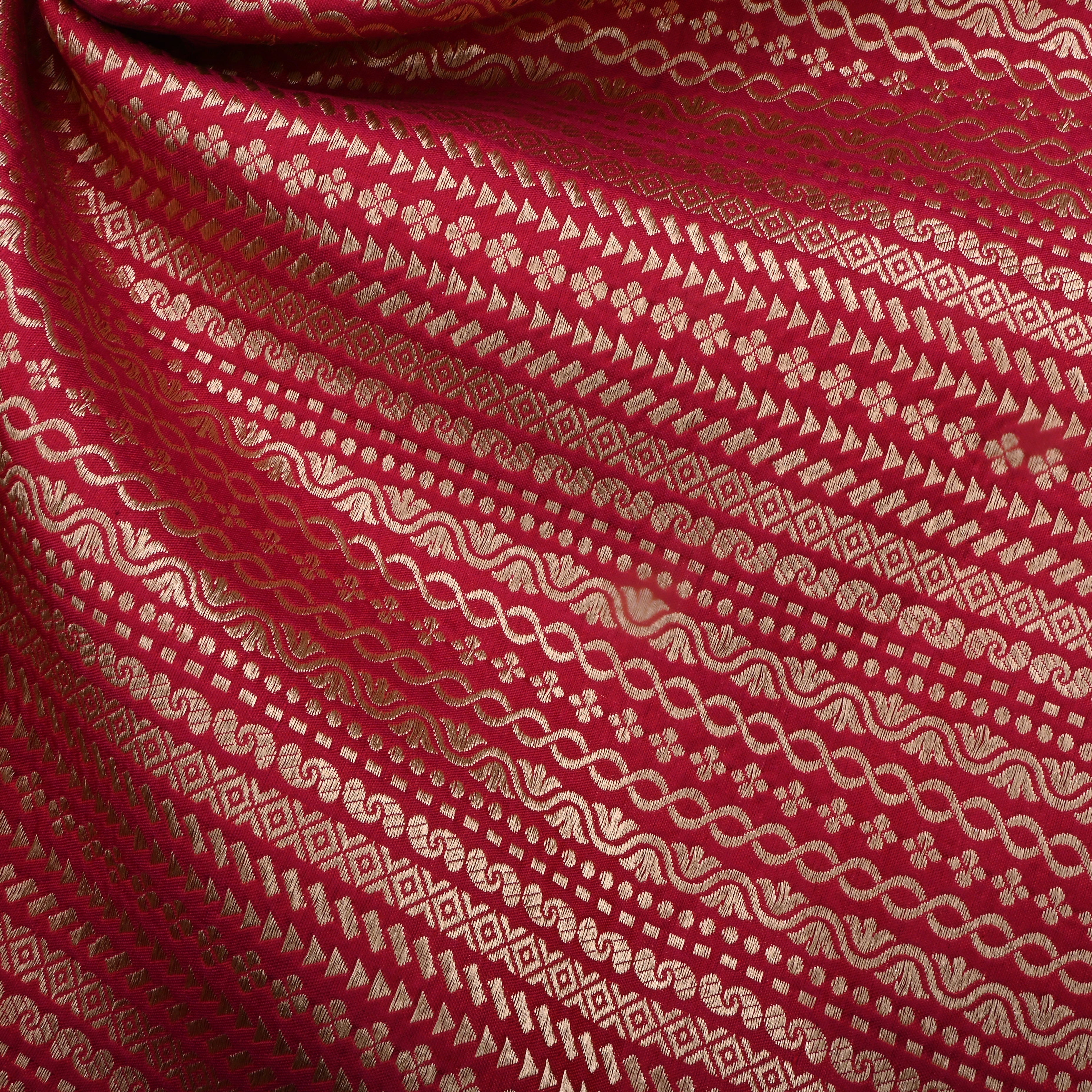 Red Jamawar Silk Fabric With Geometrical Figures