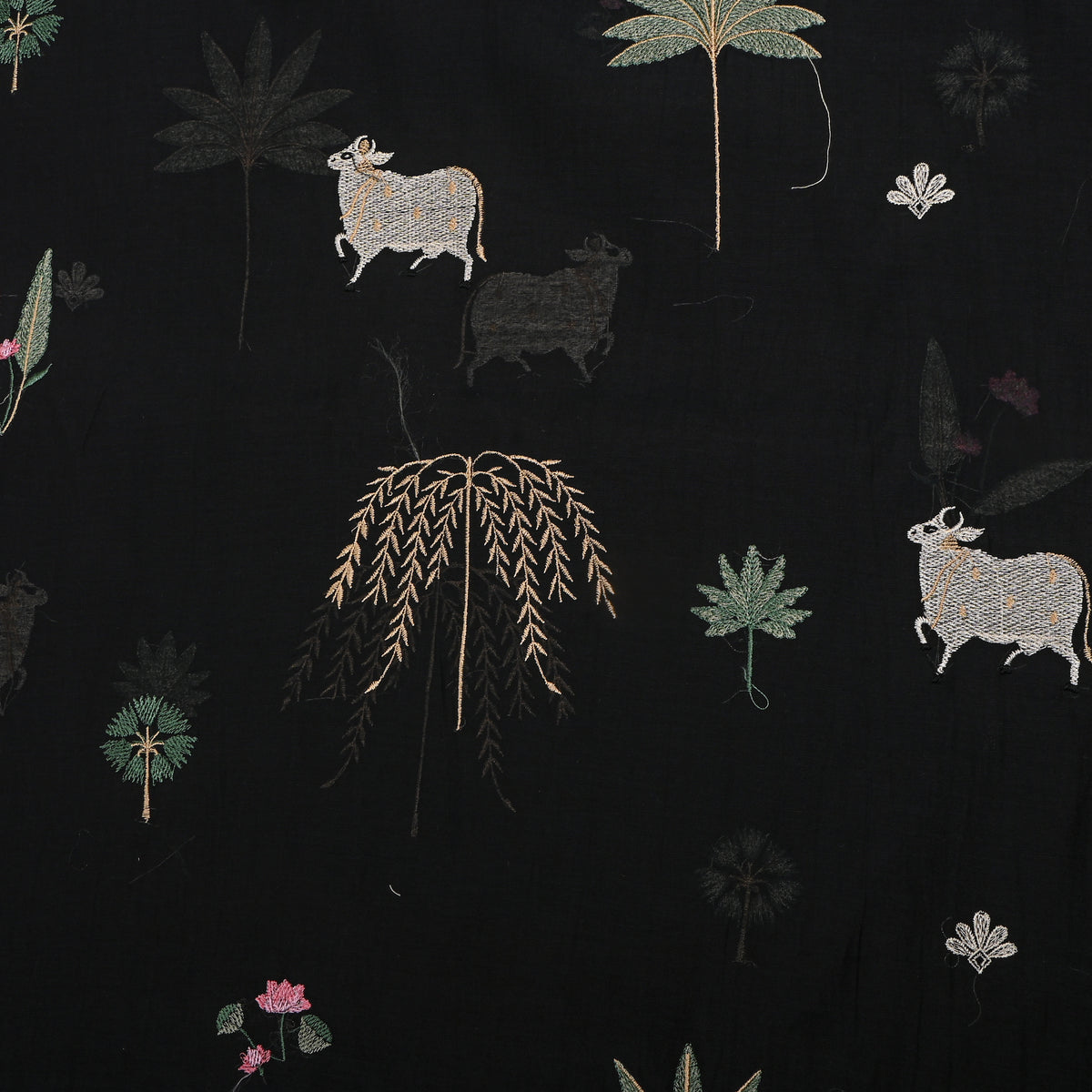 Jet Black Thread Work Animal Motif Chanderi Fabric