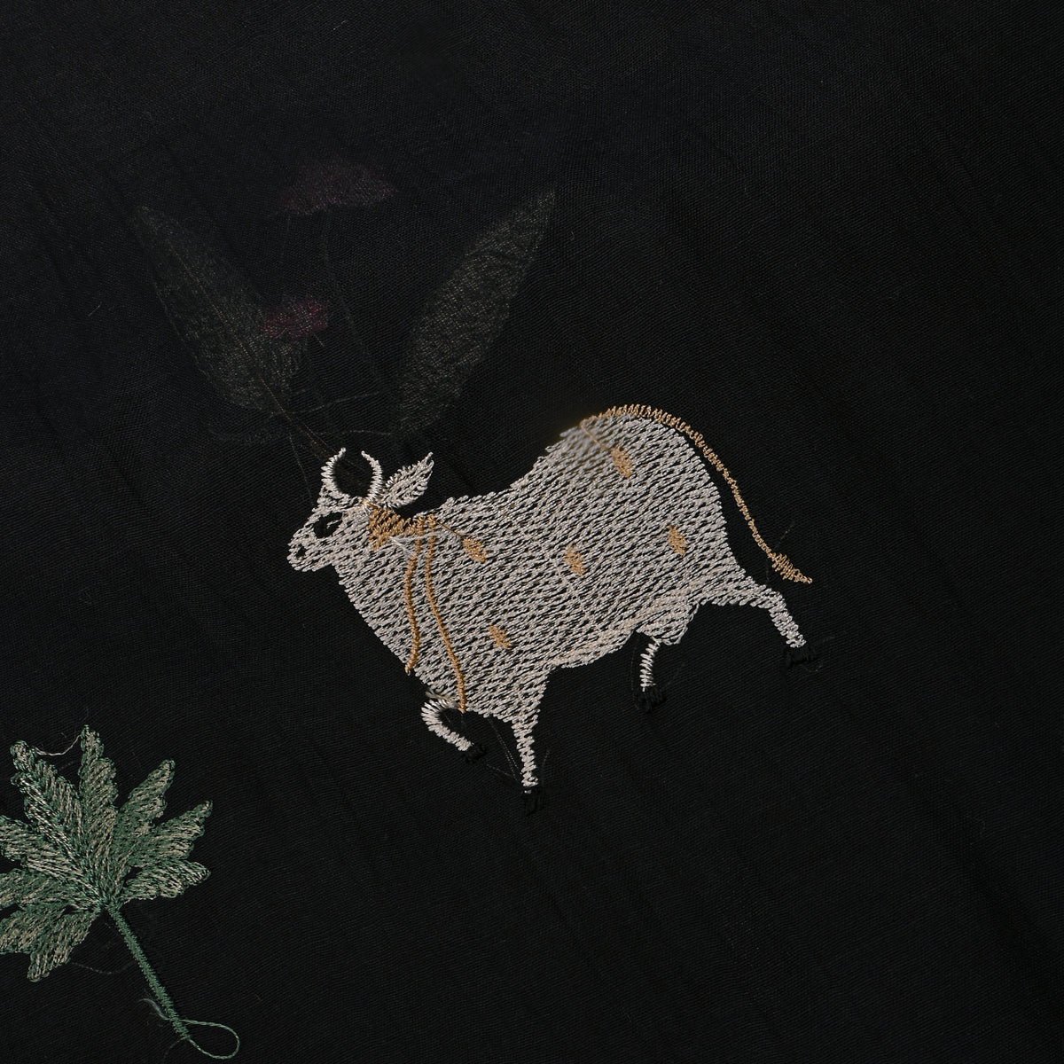Jet Black Thread Work Animal Motif Chanderi Fabric