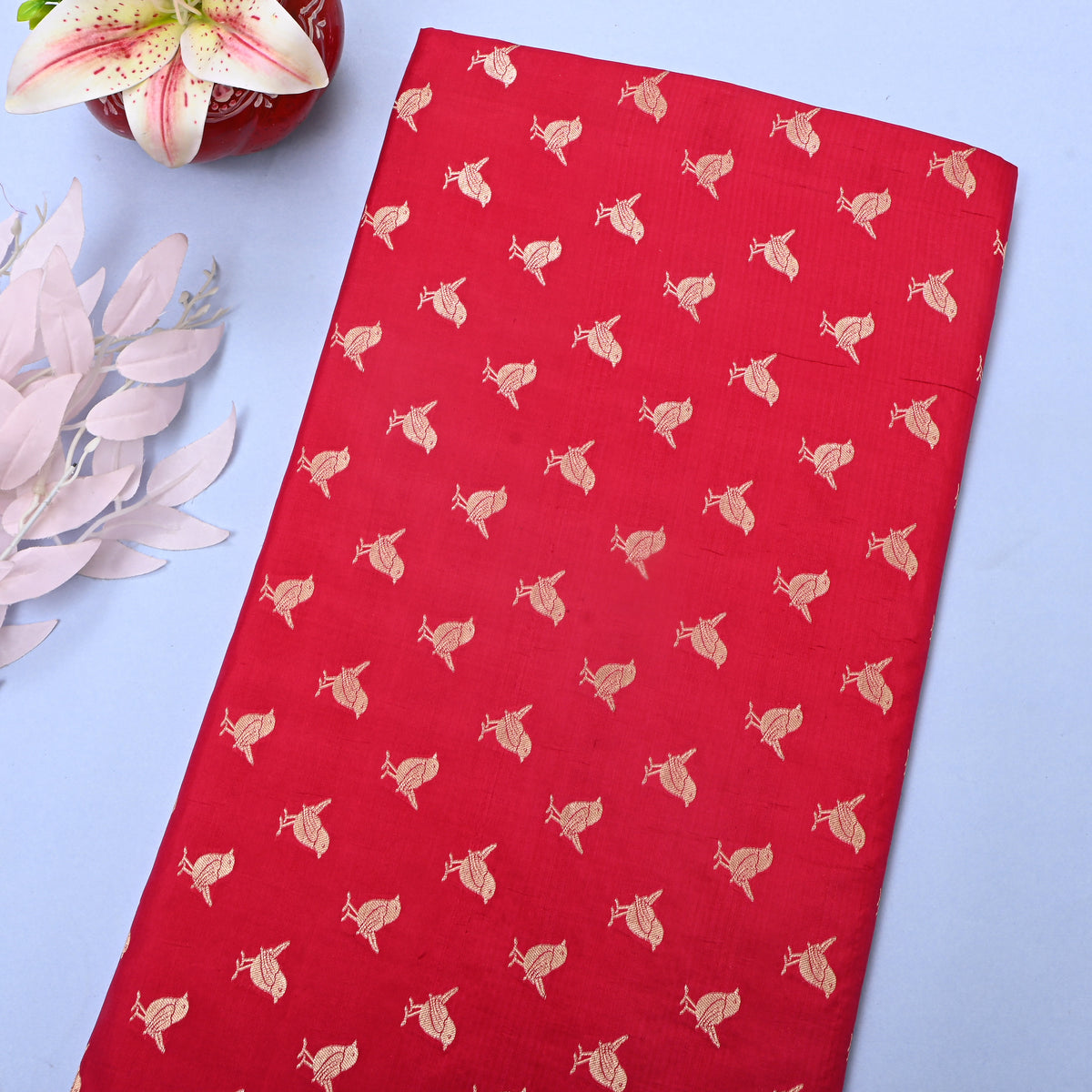 Crimson Red Gols Zari Bird Butti Jamawar Silk Fabric