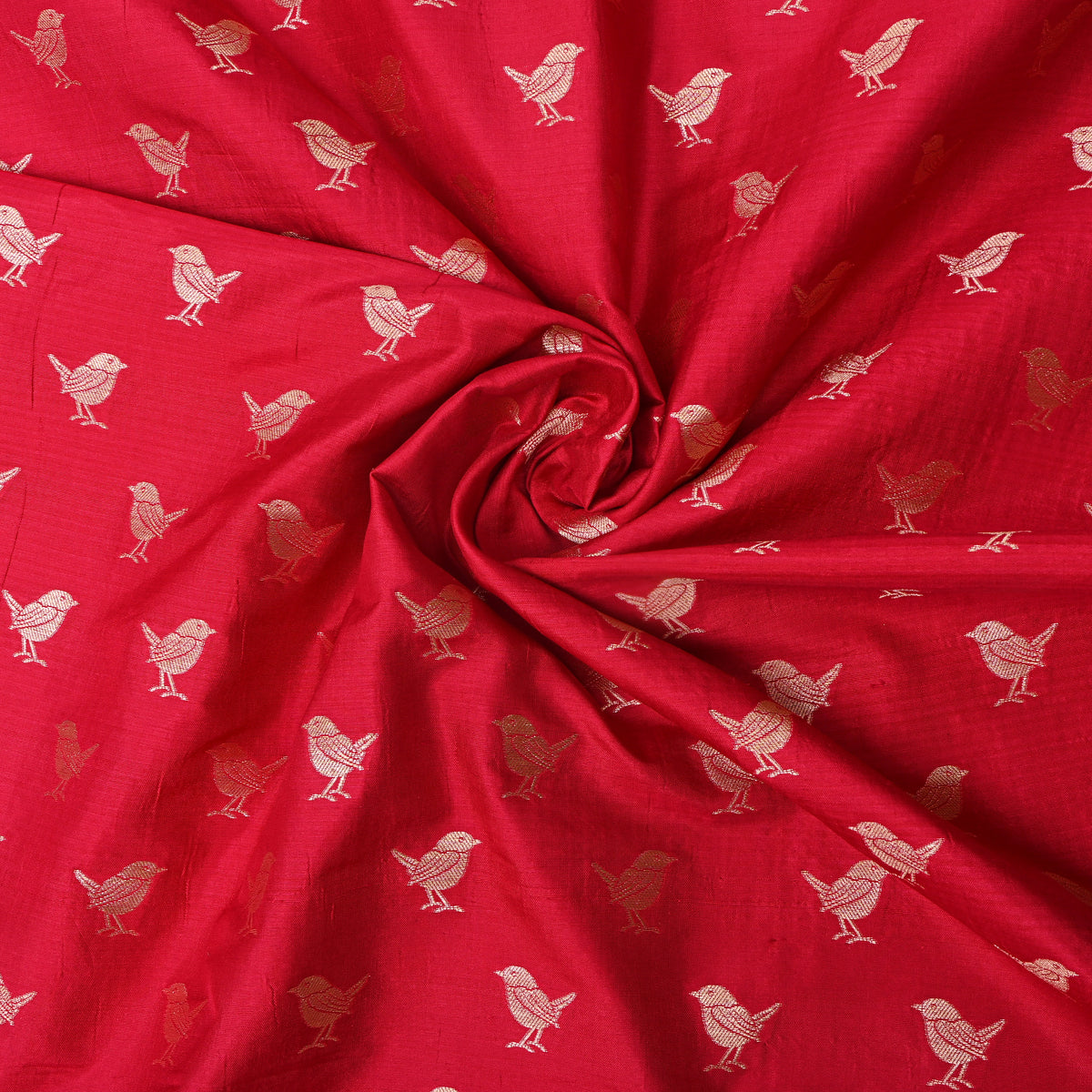 Crimson Red Gols Zari Bird Butti Jamawar Silk Fabric