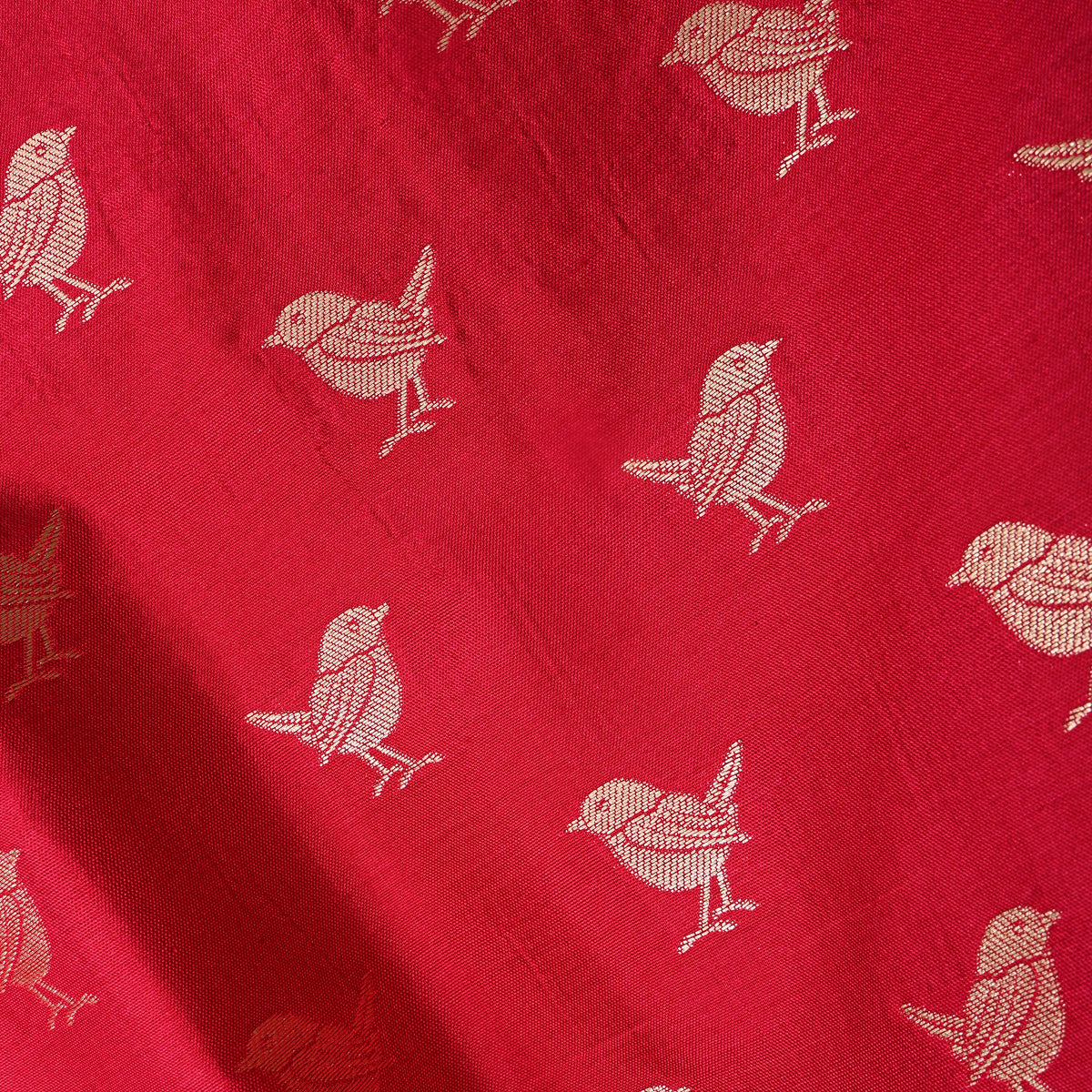 Crimson Red Gols Zari Bird Butti Jamawar Silk Fabric