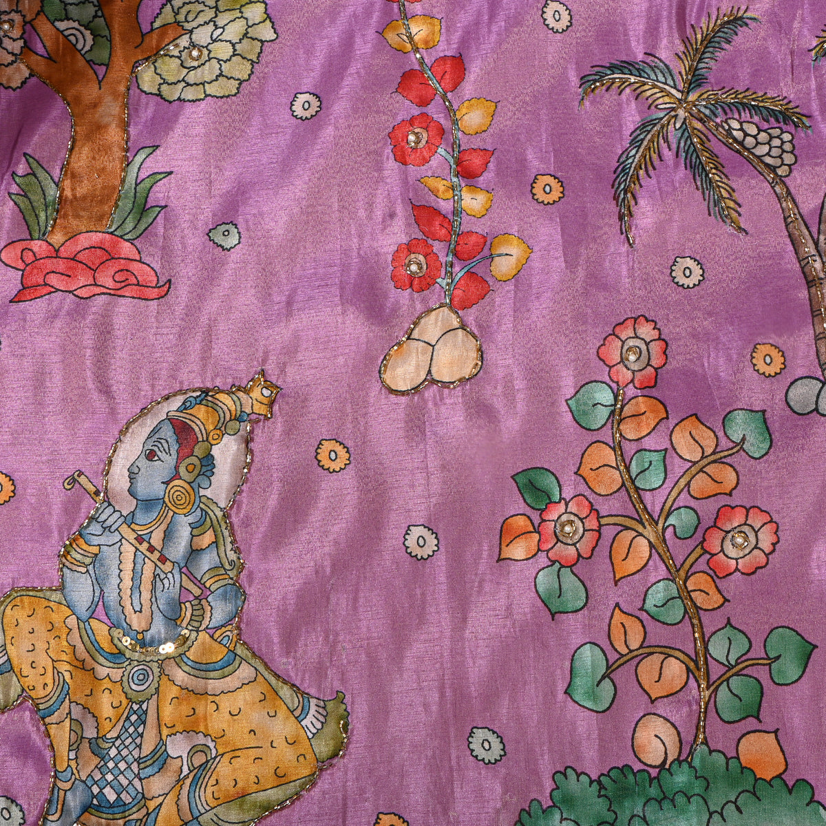 Orchid Purple Kalamkari Pen Bead Work Tissue Fabric