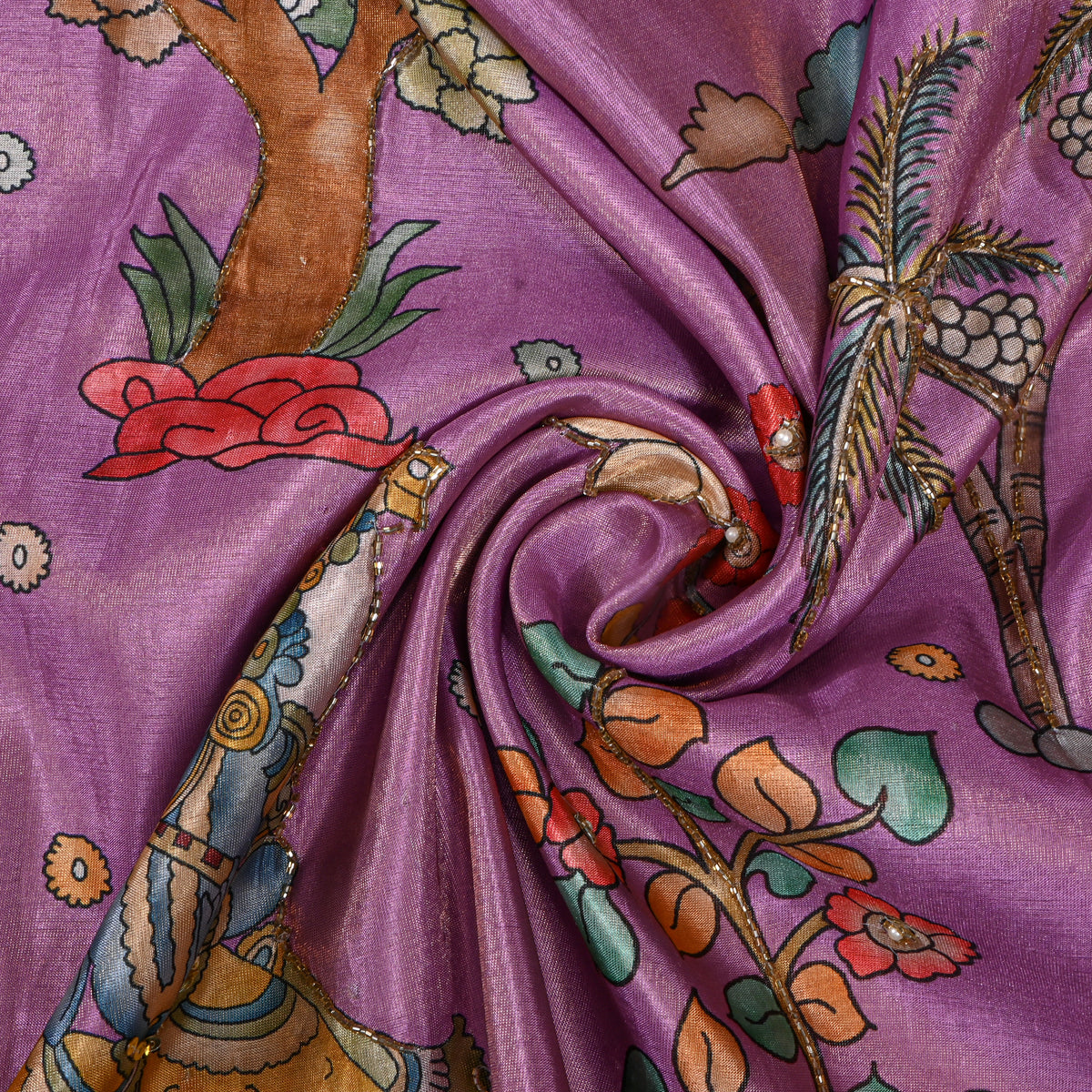 Orchid Purple Kalamkari Pen Bead Work Tissue Fabric
