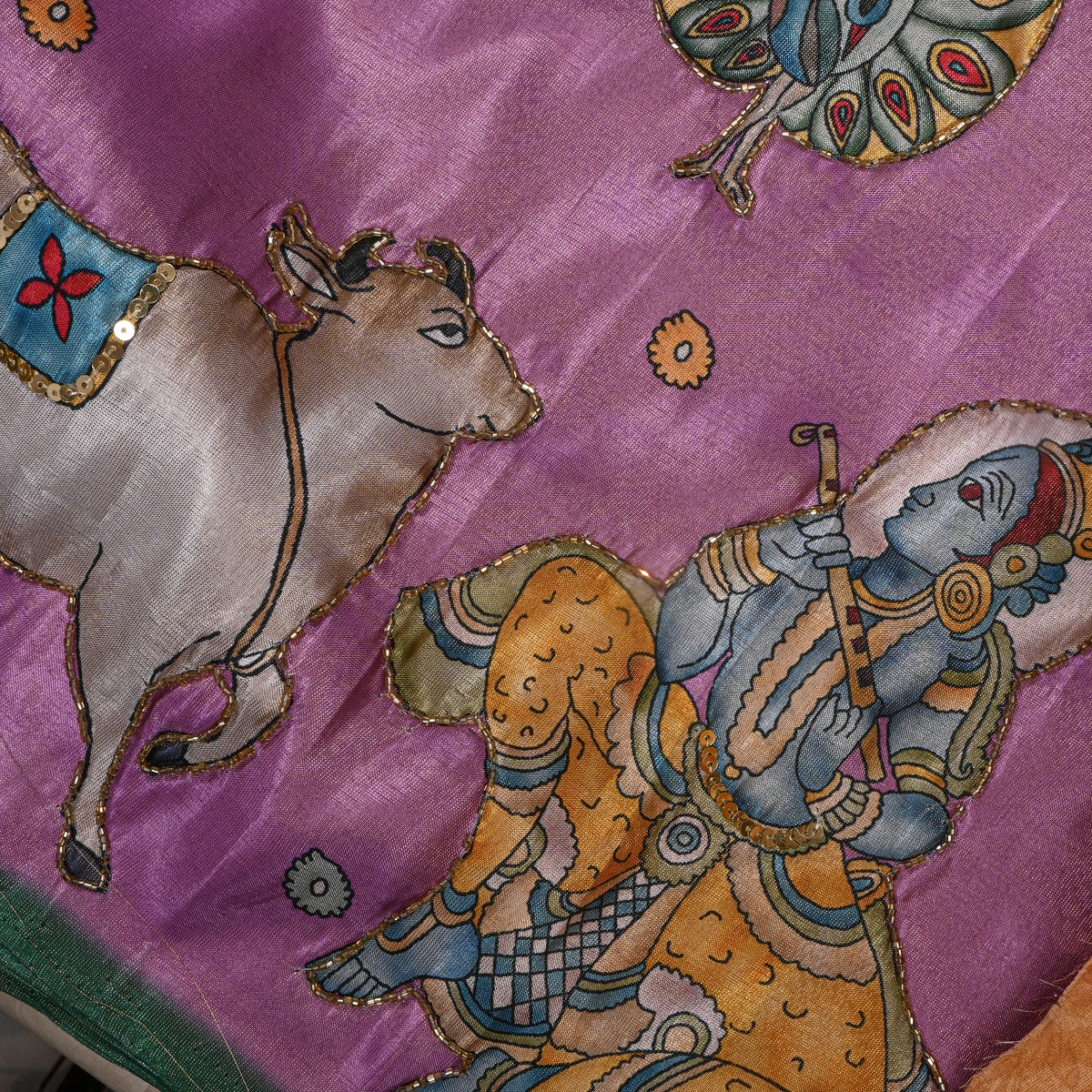 Orchid Purple Kalamkari Pen Bead Work Tissue Fabric