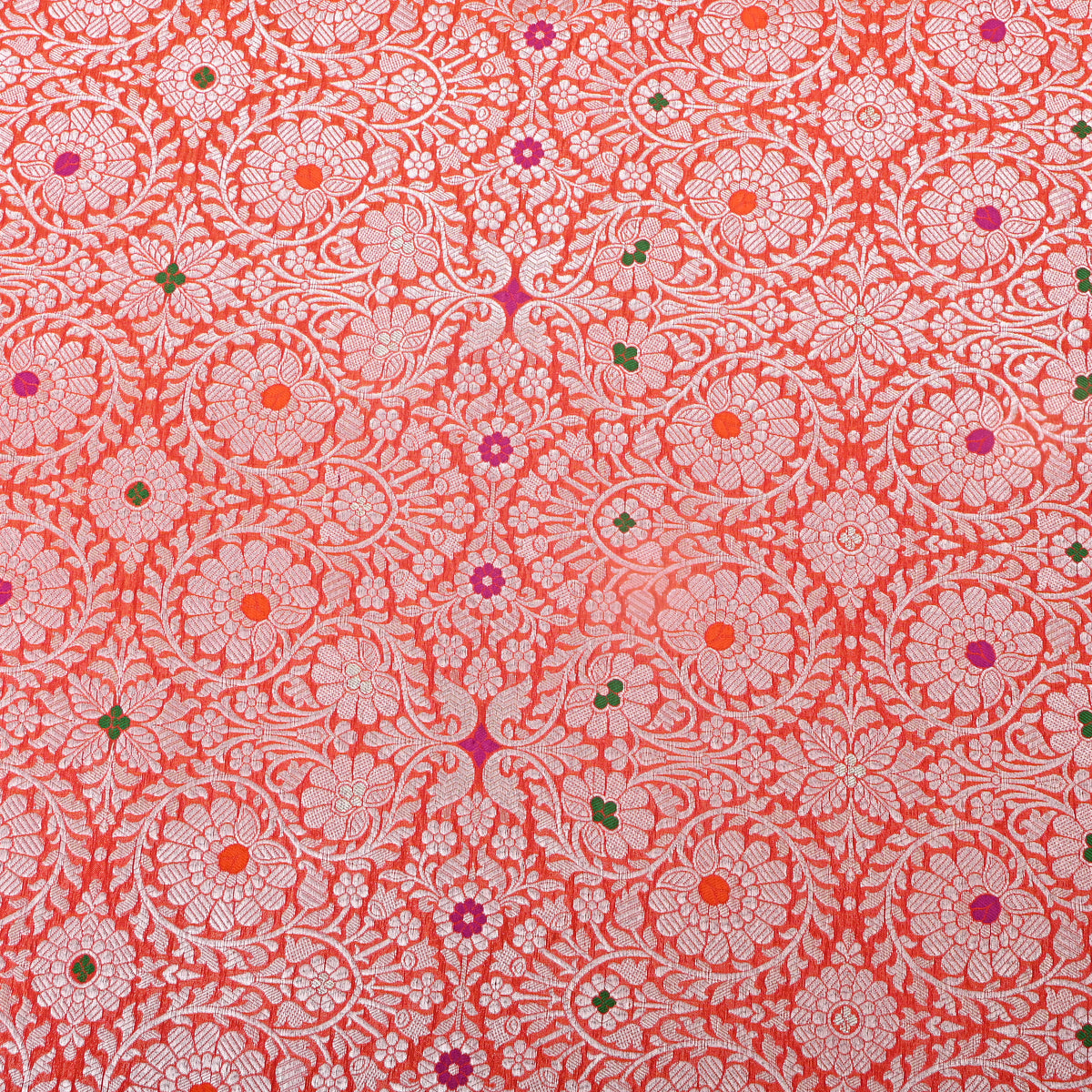 Tangerine Dual Tone Zari Meenakari Floral Weave Jamawar Silk Fabric