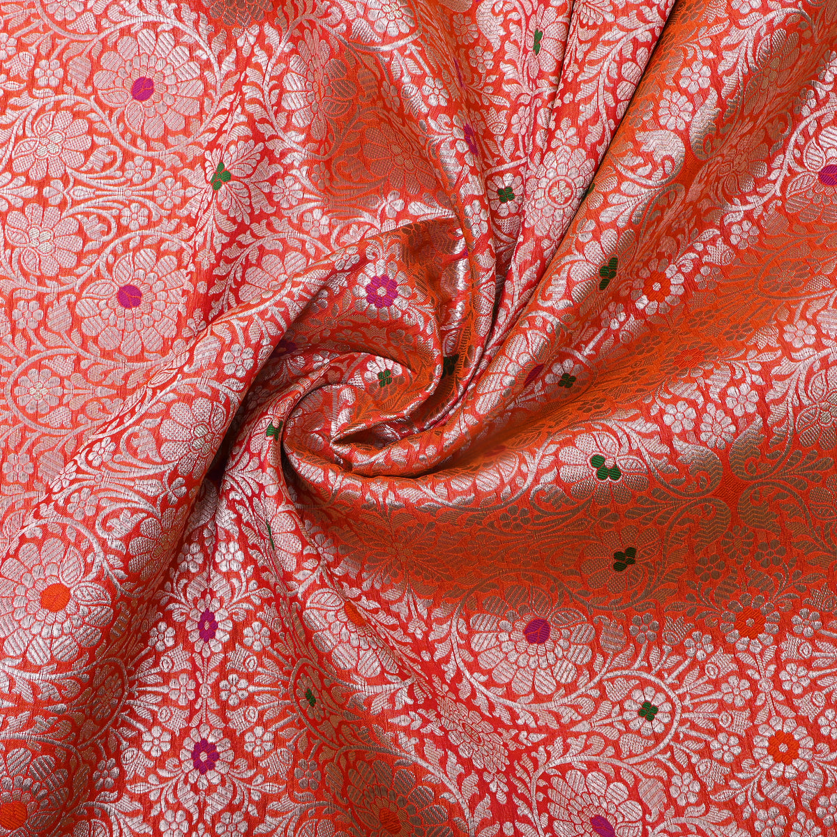 Tangerine Dual Tone Zari Meenakari Floral Weave Jamawar Silk Fabric