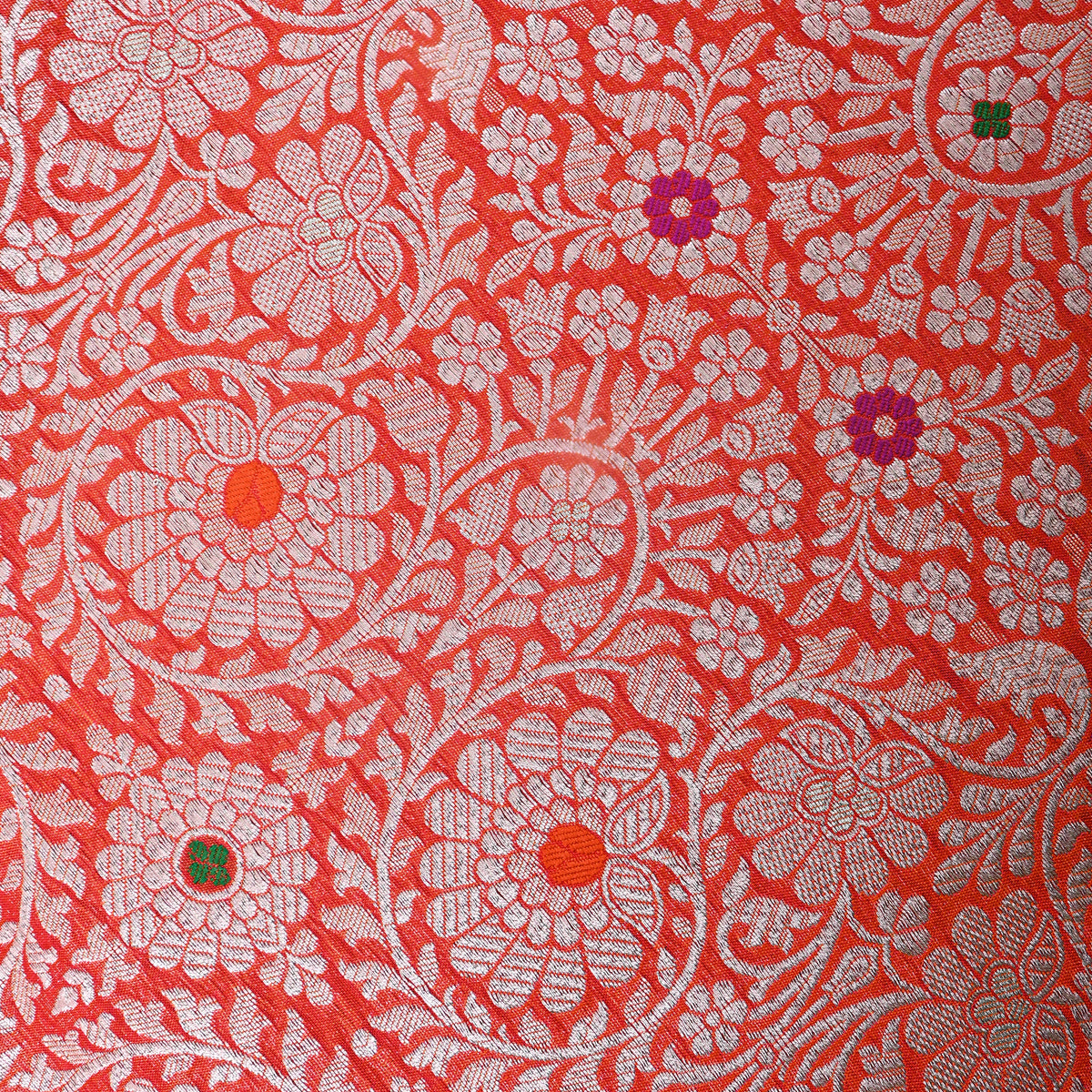 Tangerine Dual Tone Zari Meenakari Floral Weave Jamawar Silk Fabric