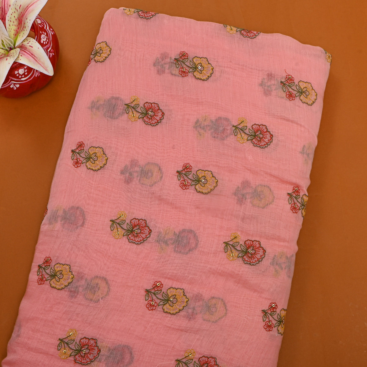 Blush Pink Thread Work Butti Chanderi Fabric