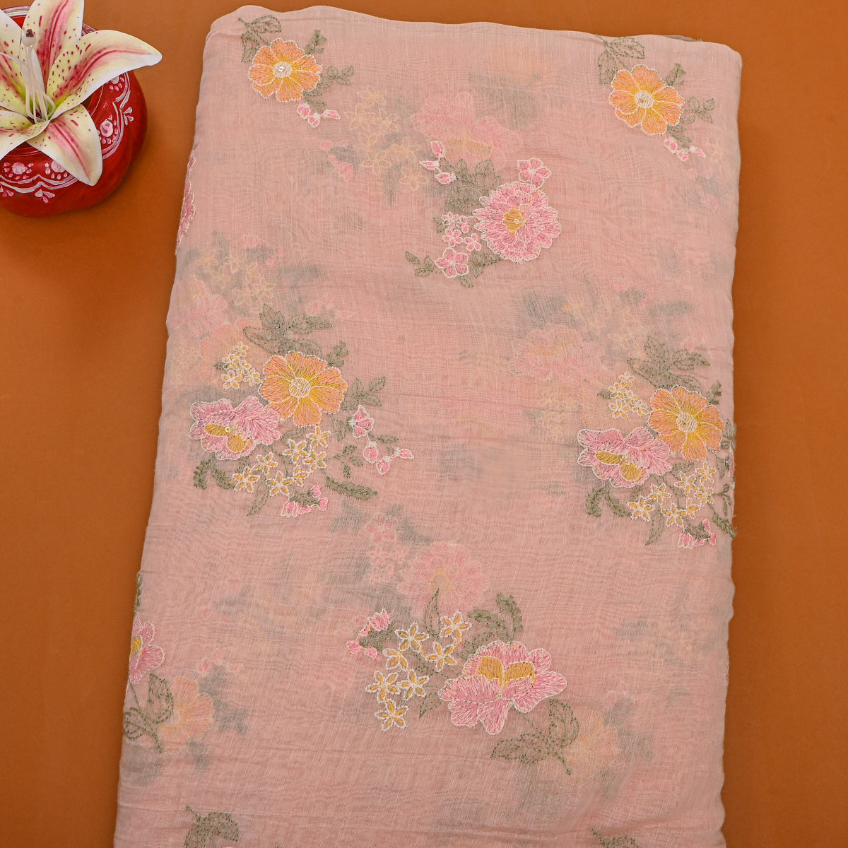 Dusty Peach Thread Work Floral Chanderi Fabric