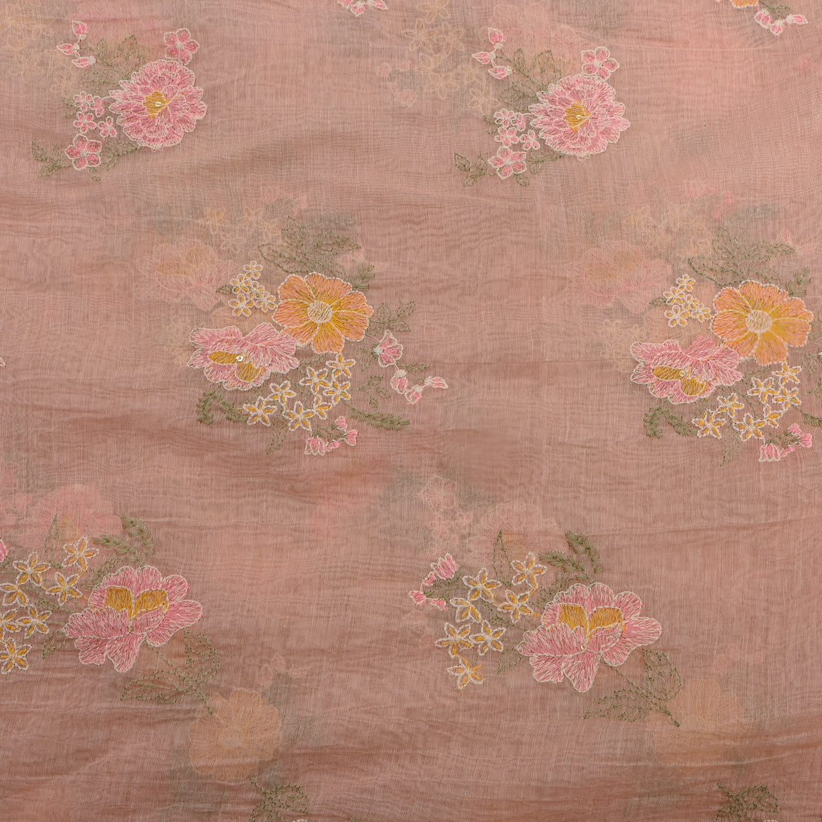 Dusty Peach Thread Work Floral Chanderi Fabric