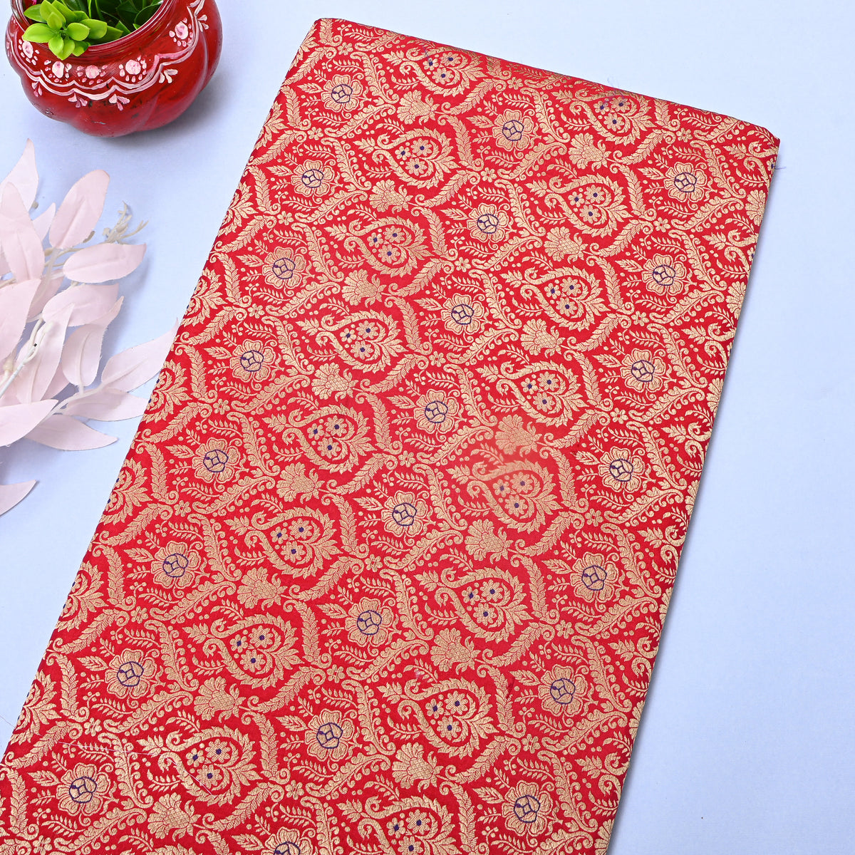 Scarlet Gold Zari Weave Brocade Jamawar Silk Fabric