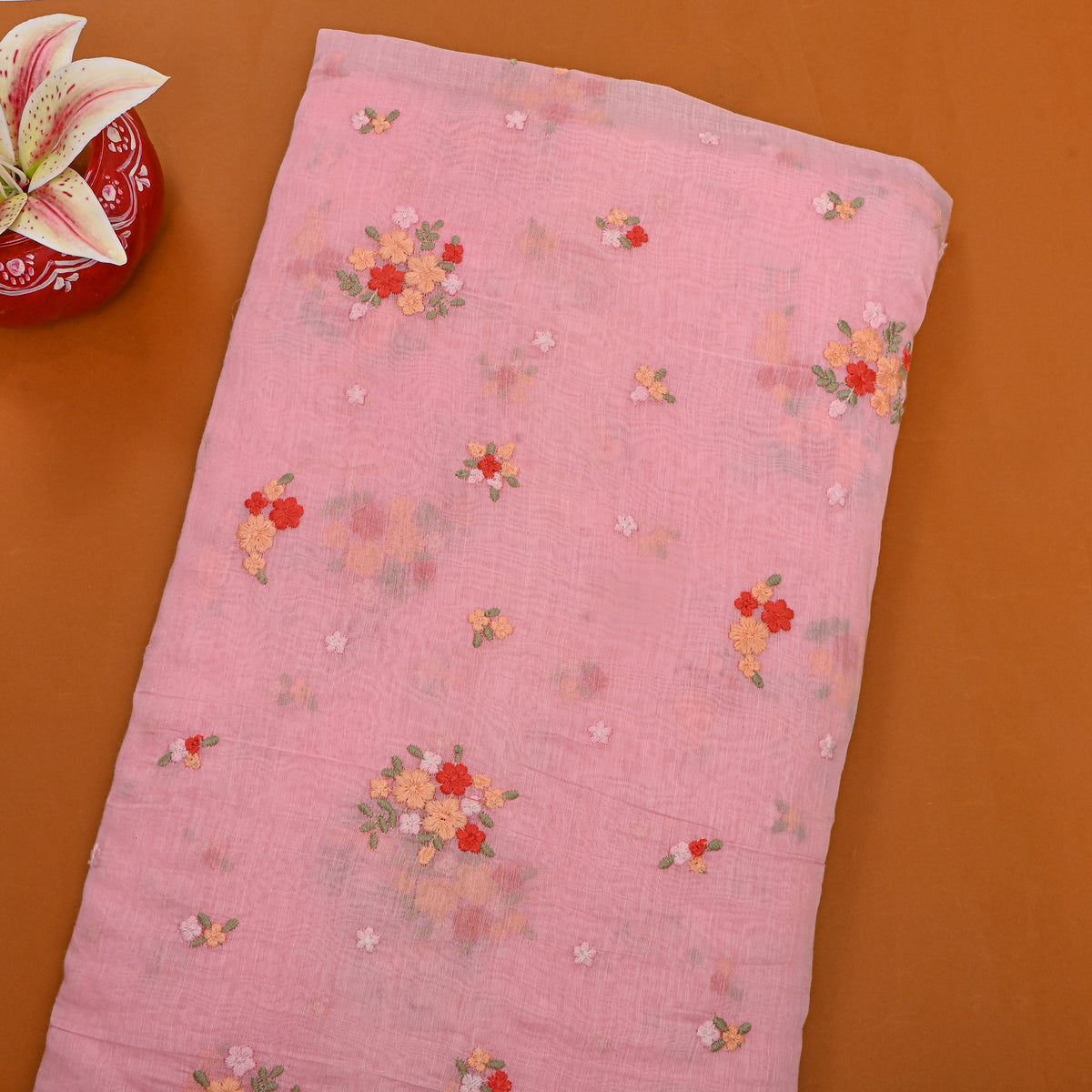 Pastel Pink With Coral Thread Work Butti Chanderi Fabric