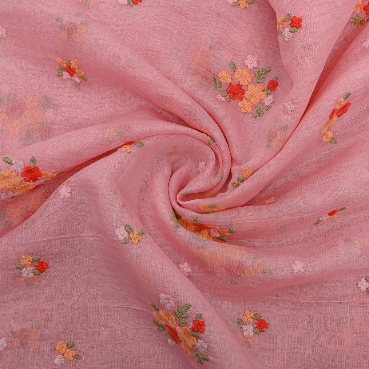 Pastel Pink With Coral Thread Work Butti Chanderi Fabric