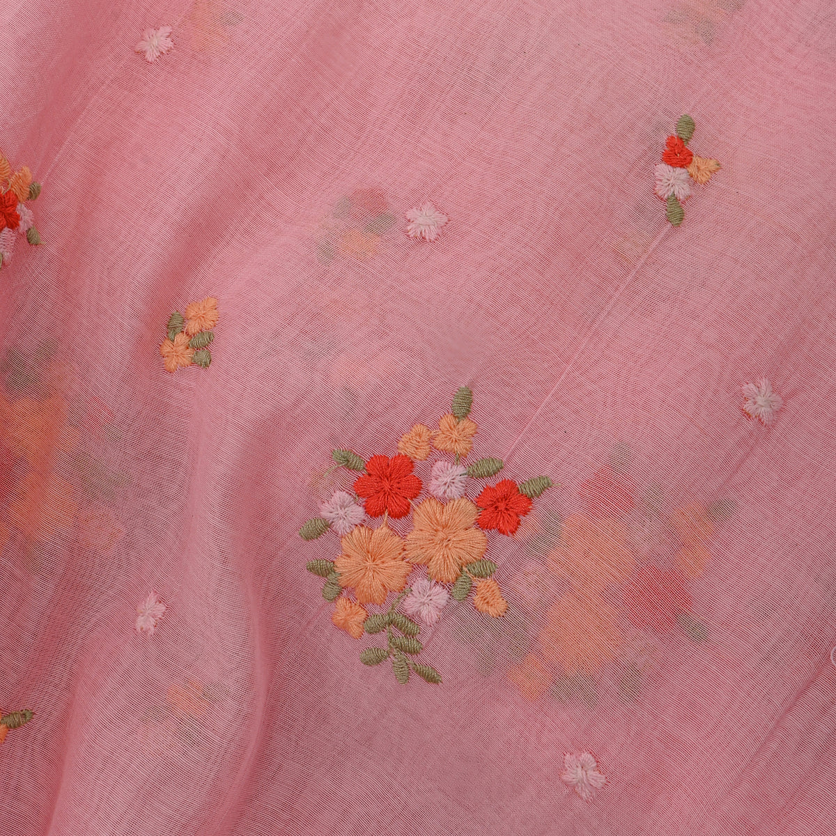 Pastel Pink With Coral Thread Work Butti Chanderi Fabric