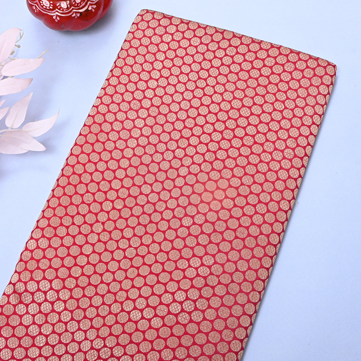 Crimson Red Gold Zari Butti Motif Jamawar Silk Fabric