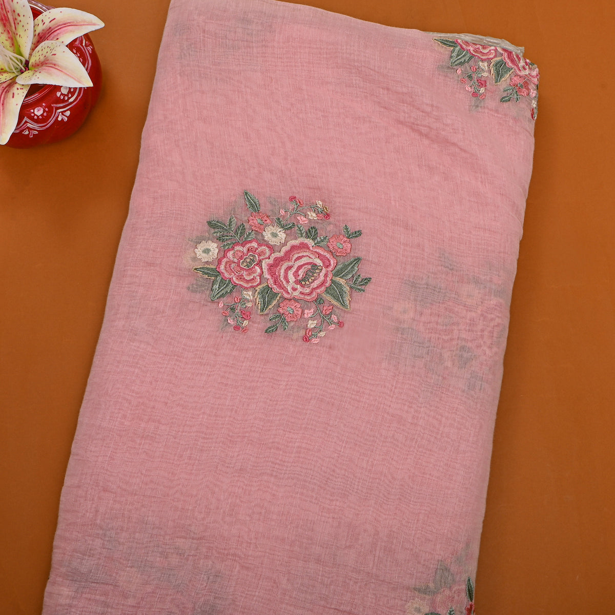 Blush Pink Thread Work Butti Chanderi Fabric
